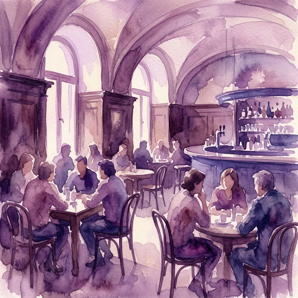 Una ilustración en acuarela del interior de un Beisl vienés tradicional con clientes sentados a mesas bajo techos abovedados, evocando una atmósfera nostálgica de reunión social.
