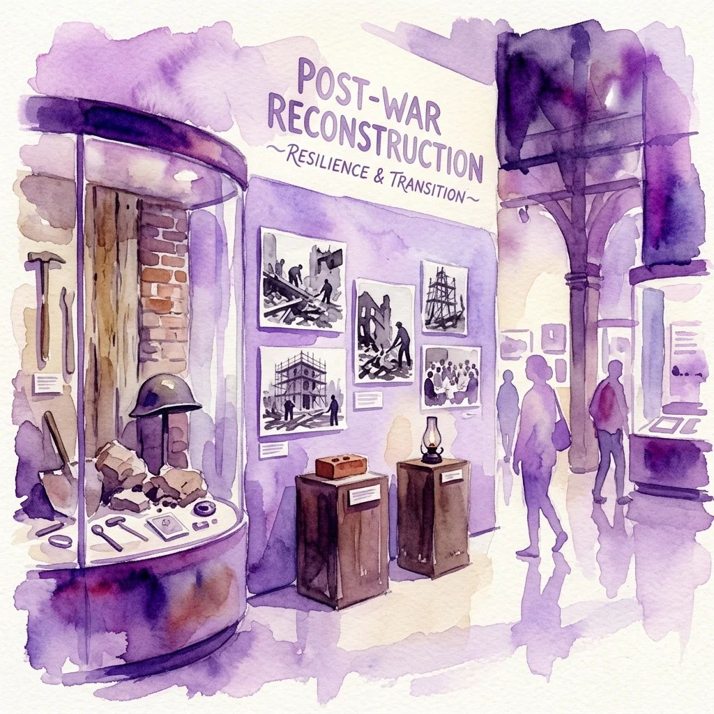Waterverfillustratie van een museumtentoonstelling getiteld 'Wederopbouw na de oorlog: Veerkracht & Transitie', met artefacten zoals een helm en gereedschap in een vitrine, historische foto's aan de muur, en bezoekers die de tentoonstelling bekijken.