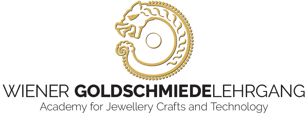 Logo de dragón dorado rodeando un anillo sobre fondo negro con el texto 'WIENER GOLDSCHMIEDELEHRGANG Academy for Jewellery Crafts and Technology'