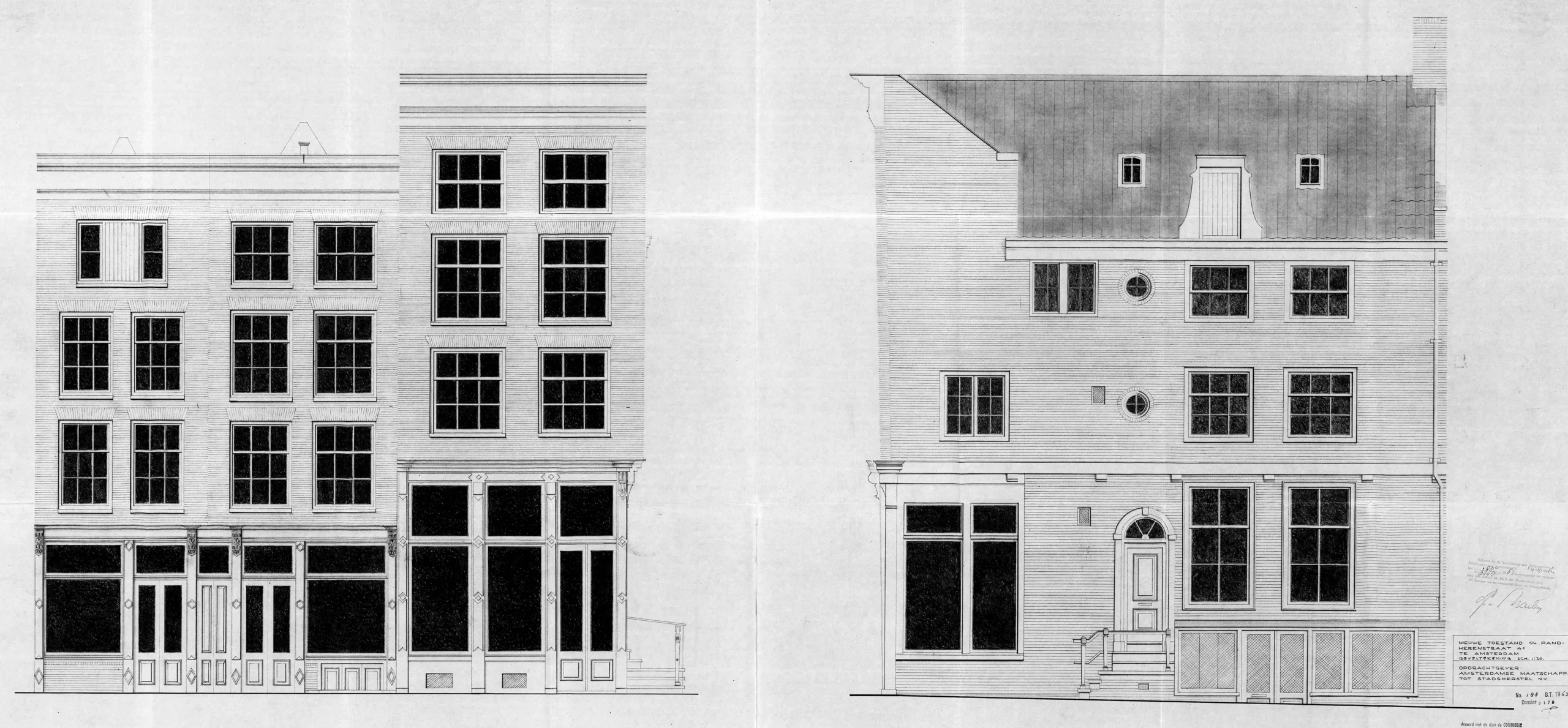 Historyczny rysunek odręczny dwóch kamienic w Amsterdamie ze schodkowymi szczytami i dużymi oknami