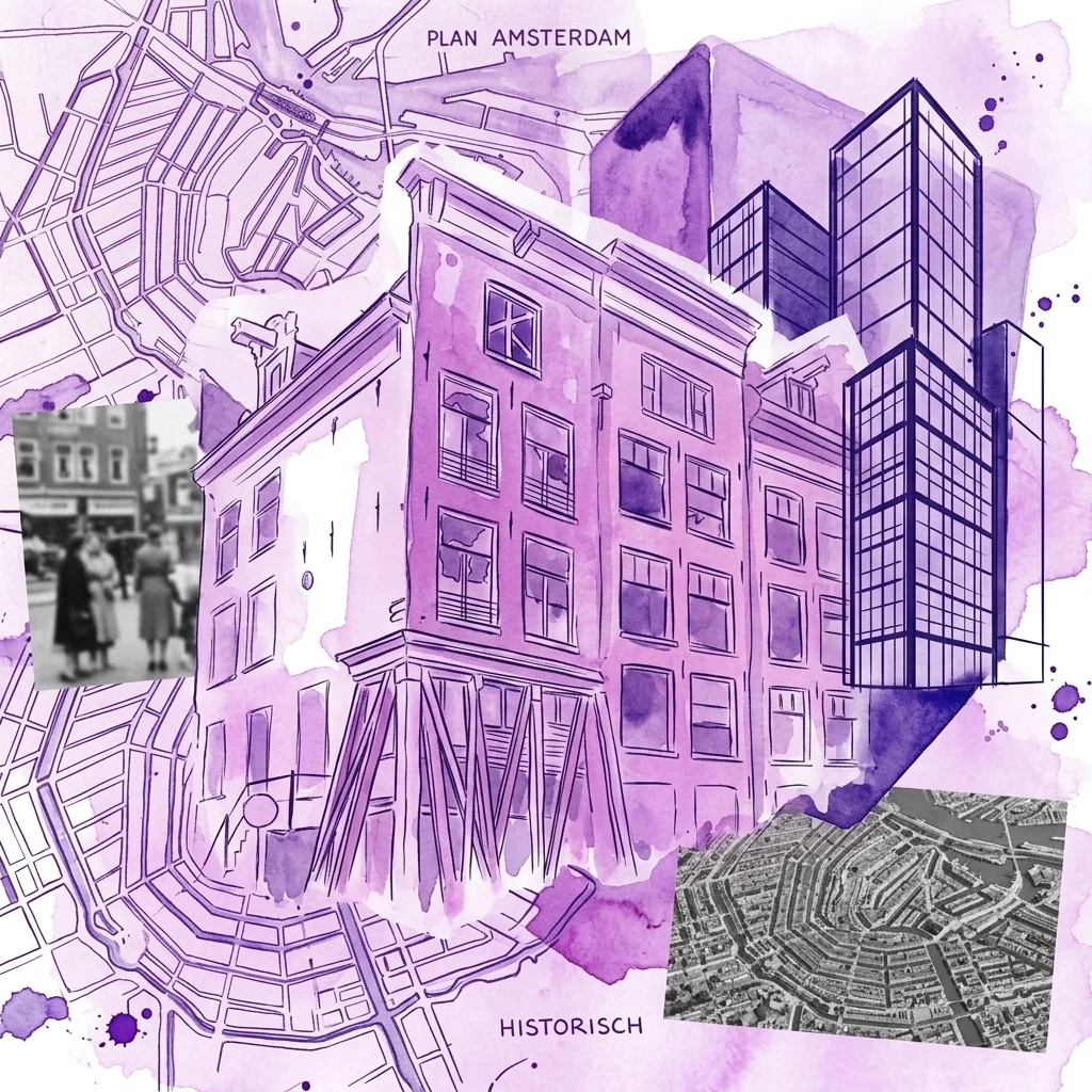Collage de acuarela en tonos morados que representa una histórica casa de canal en Ámsterdam en contraste con modernas torres de oficinas de acero, planos urbanísticos antiguos y una fotografía de archivo en blanco y negro.