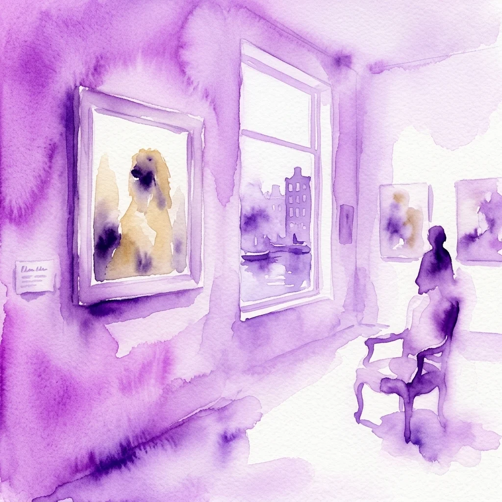 Ilustración en acuarela del interior de una galería con un retrato de un perro enmarcado en la pared, un ventanal con vistas a las casas de los canales de Ámsterdam y un visitante sentado contemplando la obra.