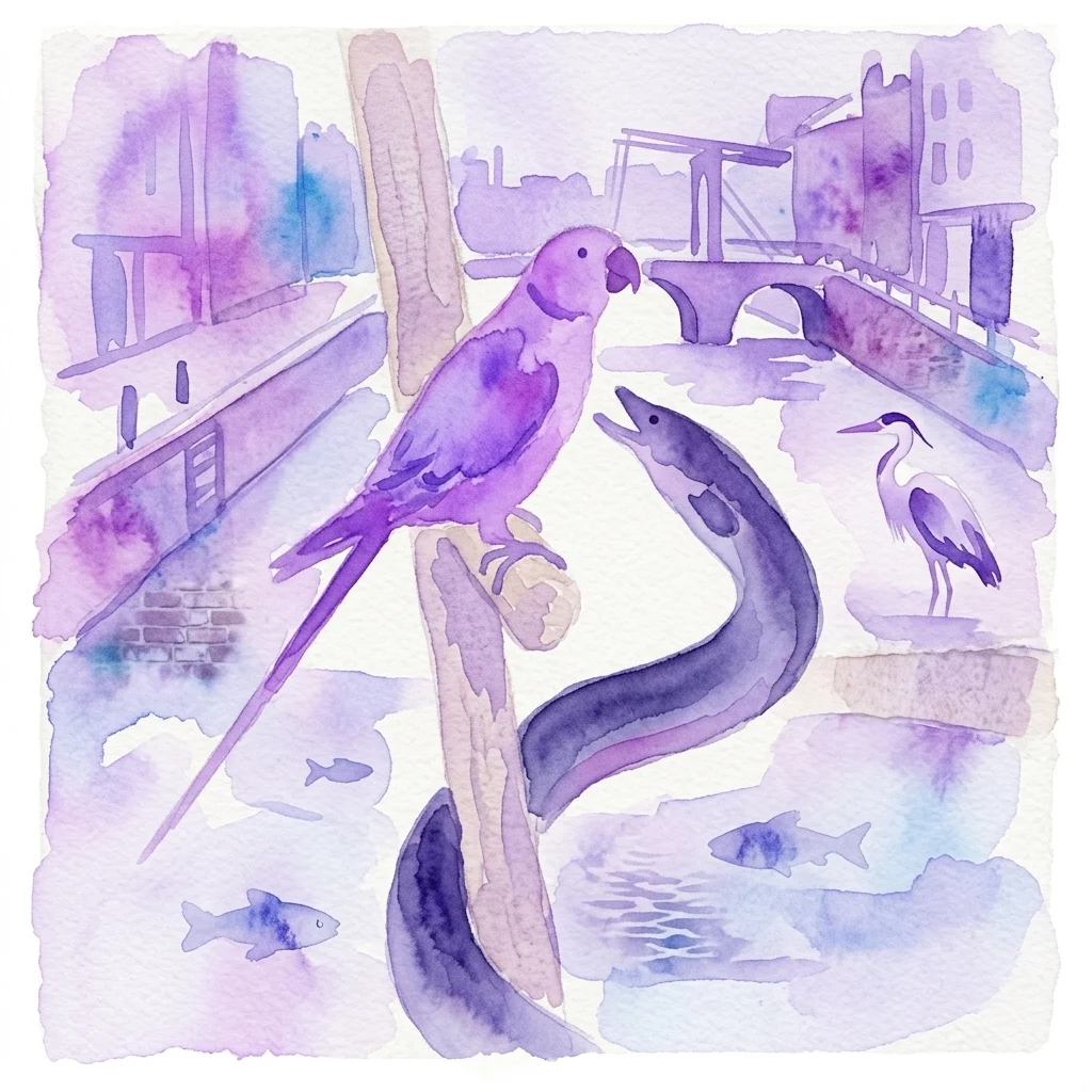 Ilustración en acuarela de color violeta que muestra un loro posado, una anguila grande, una garza y peces pequeños, con los edificios del canal de Ámsterdam y un puente como telón de fondo.