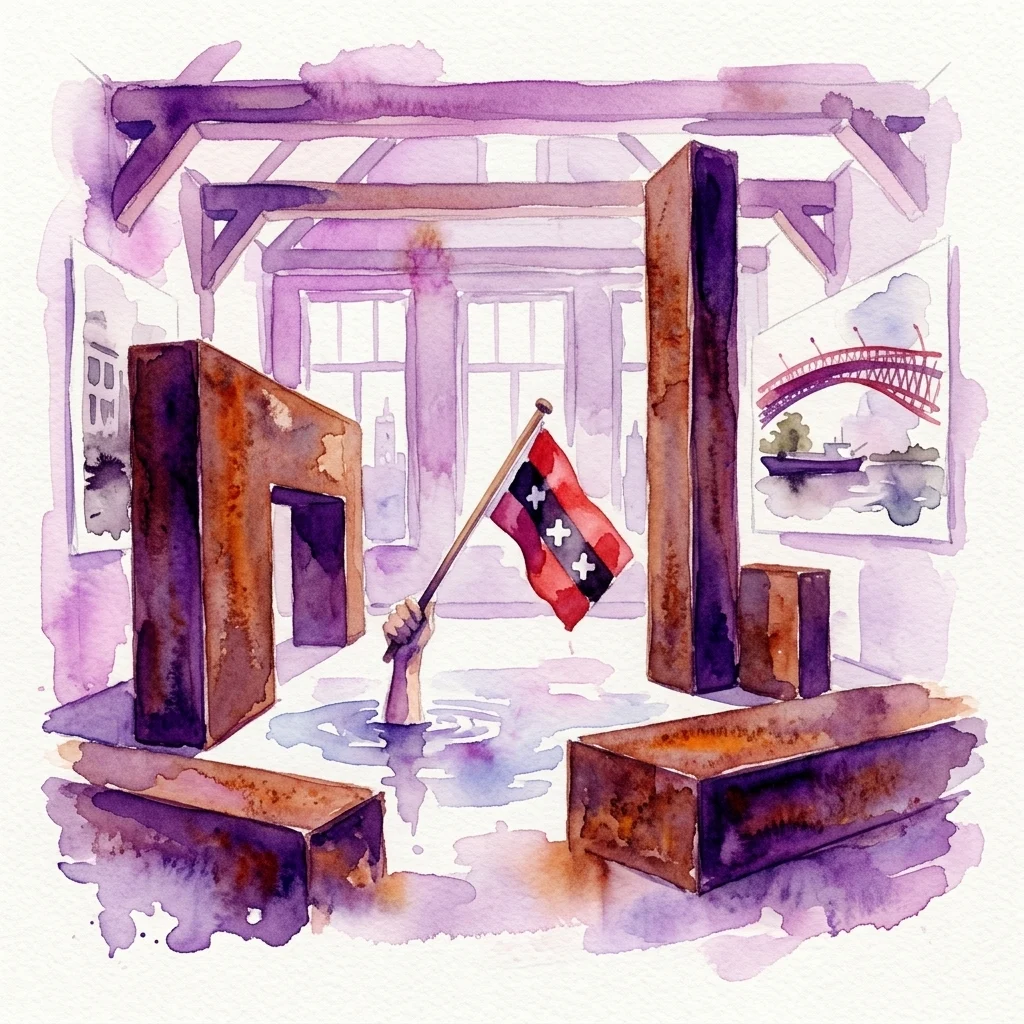 Ilustración en acuarela de la exposición 'Druk (Pressure)': bloques y vigas de acero corten oxidado dispuestos en una sala de una casa del canal con una mano levantando una bandera de Ámsterdam, con ventanas de tonos púrpuras que dan a la ciudad.