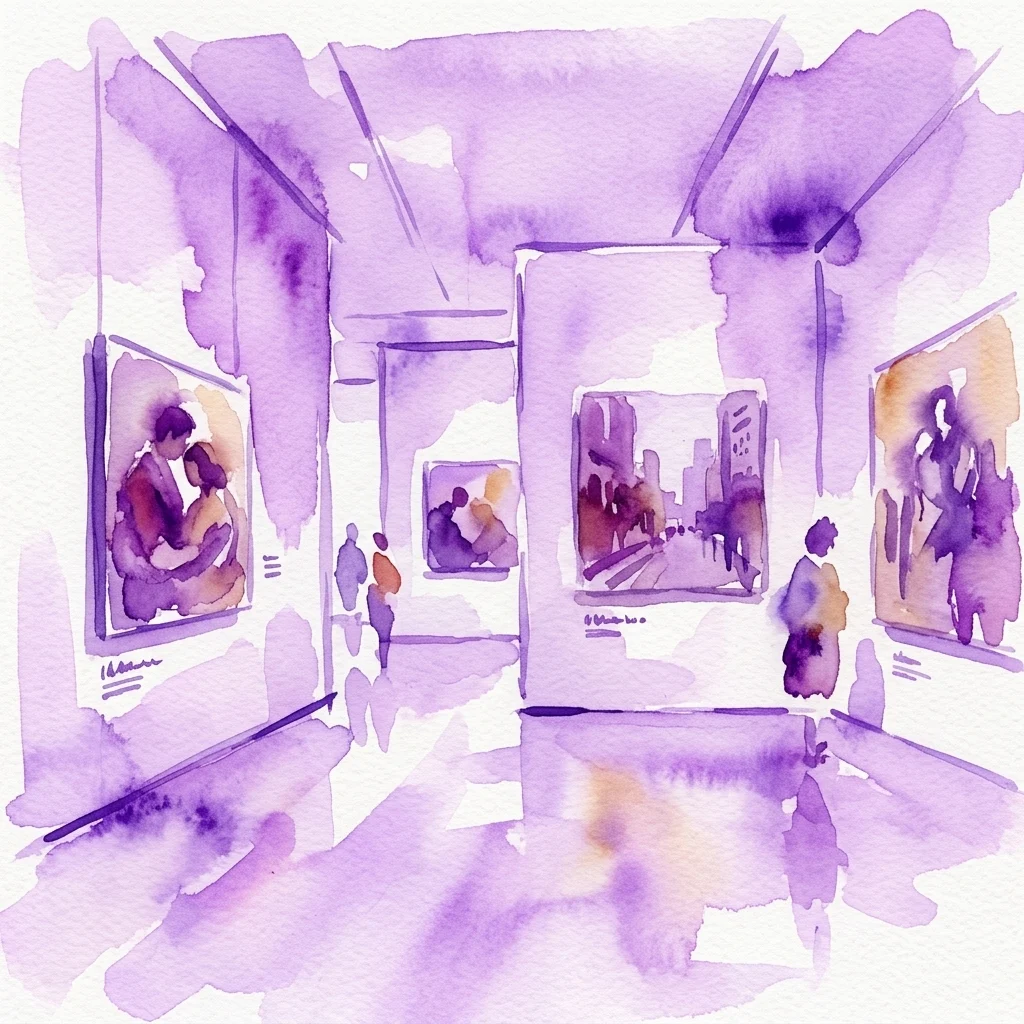 Ilustración en acuarela de color morado del interior de una galería que muestra a los visitantes observando pinturas figurativas en paredes blancas para la exposición individual de Kaili Smith.