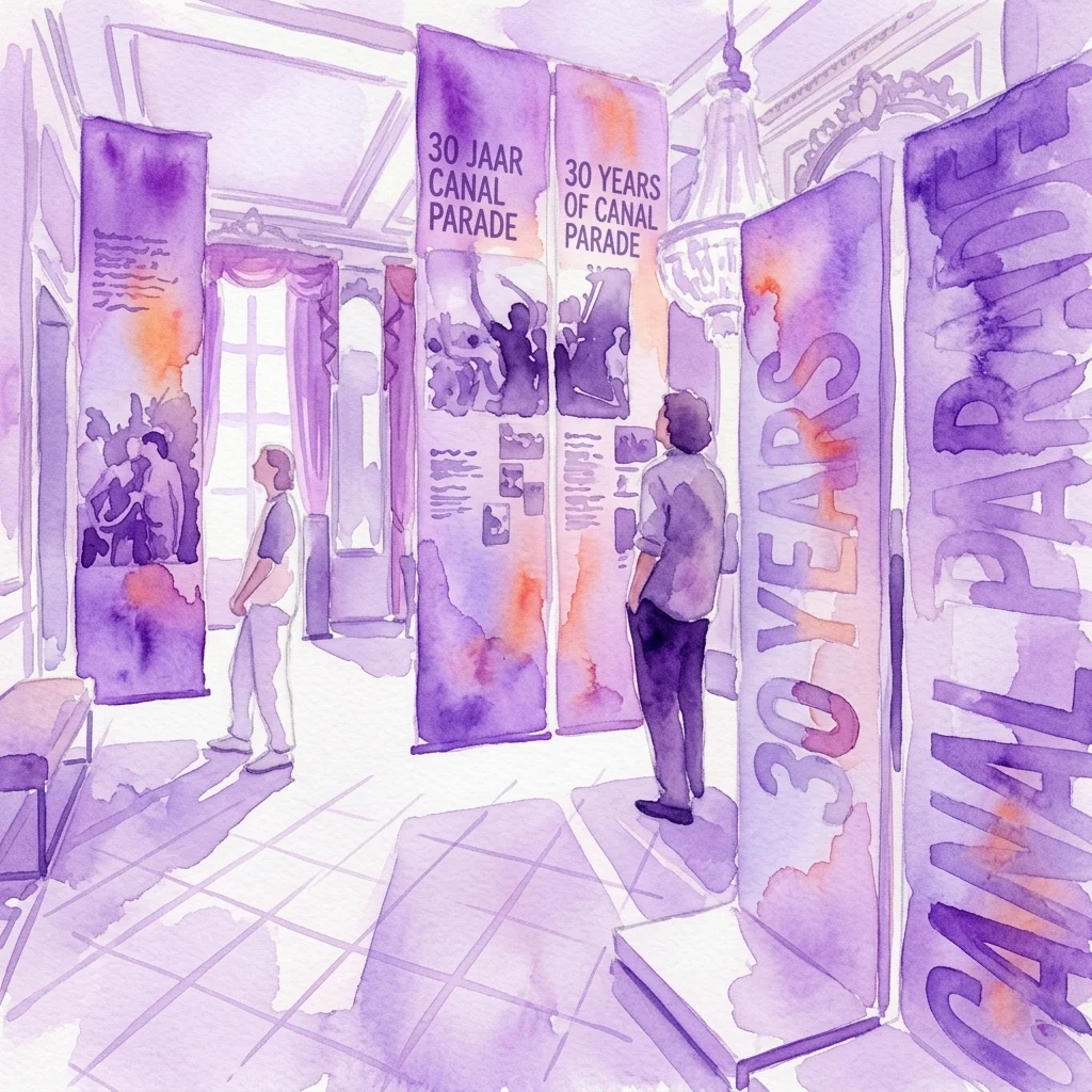 Ilustración en acuarela de la exposición '30 Years of Canal Parade', donde se observa a visitantes mirando altos carteles morados y naranjas con fotos de archivo en una estancia de una casa histórica junto al canal.