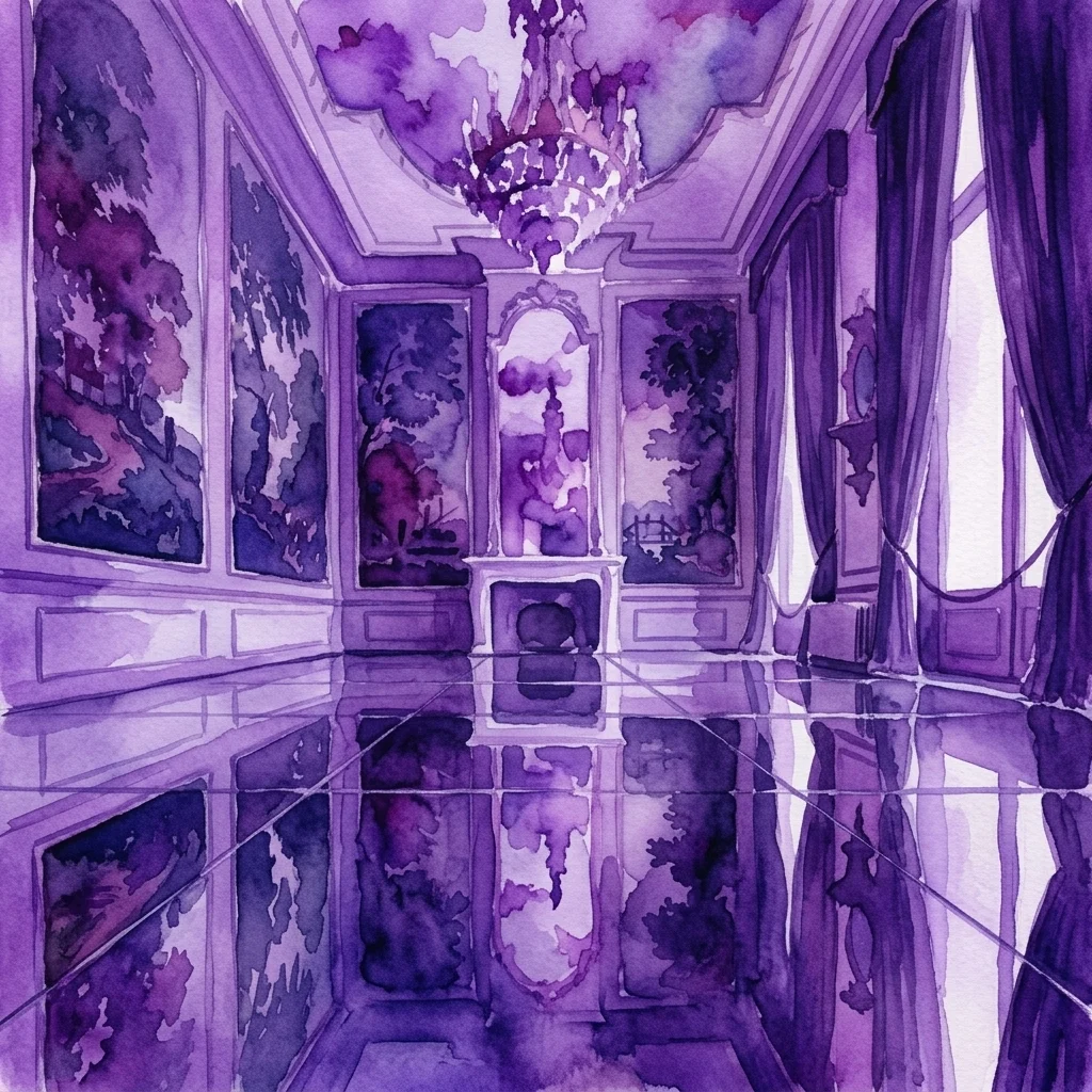 Ilustración en acuarela morada de una ornamentada estancia histórica con un suelo de espejos que refleja pinturas murales, una lámpara de araña y ventanales con cortinas, creando un efecto de reflejo infinito.