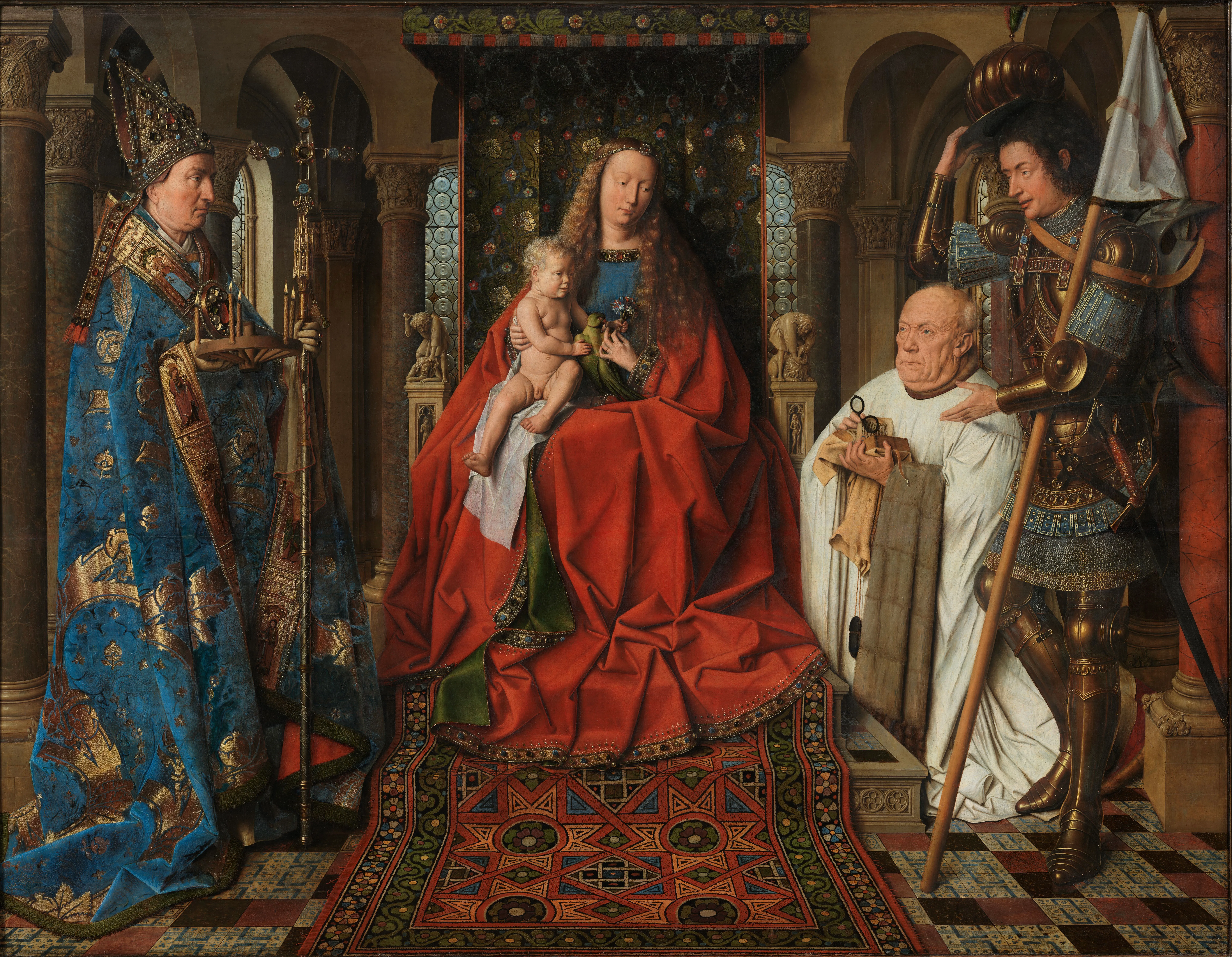 Pintura flamenca primitiva de la Virgen con el Niño entronizada con túnicas rojas, flanqueada por un obispo con vestimentas azules y un canónigo arrodillado junto a un soldado armado