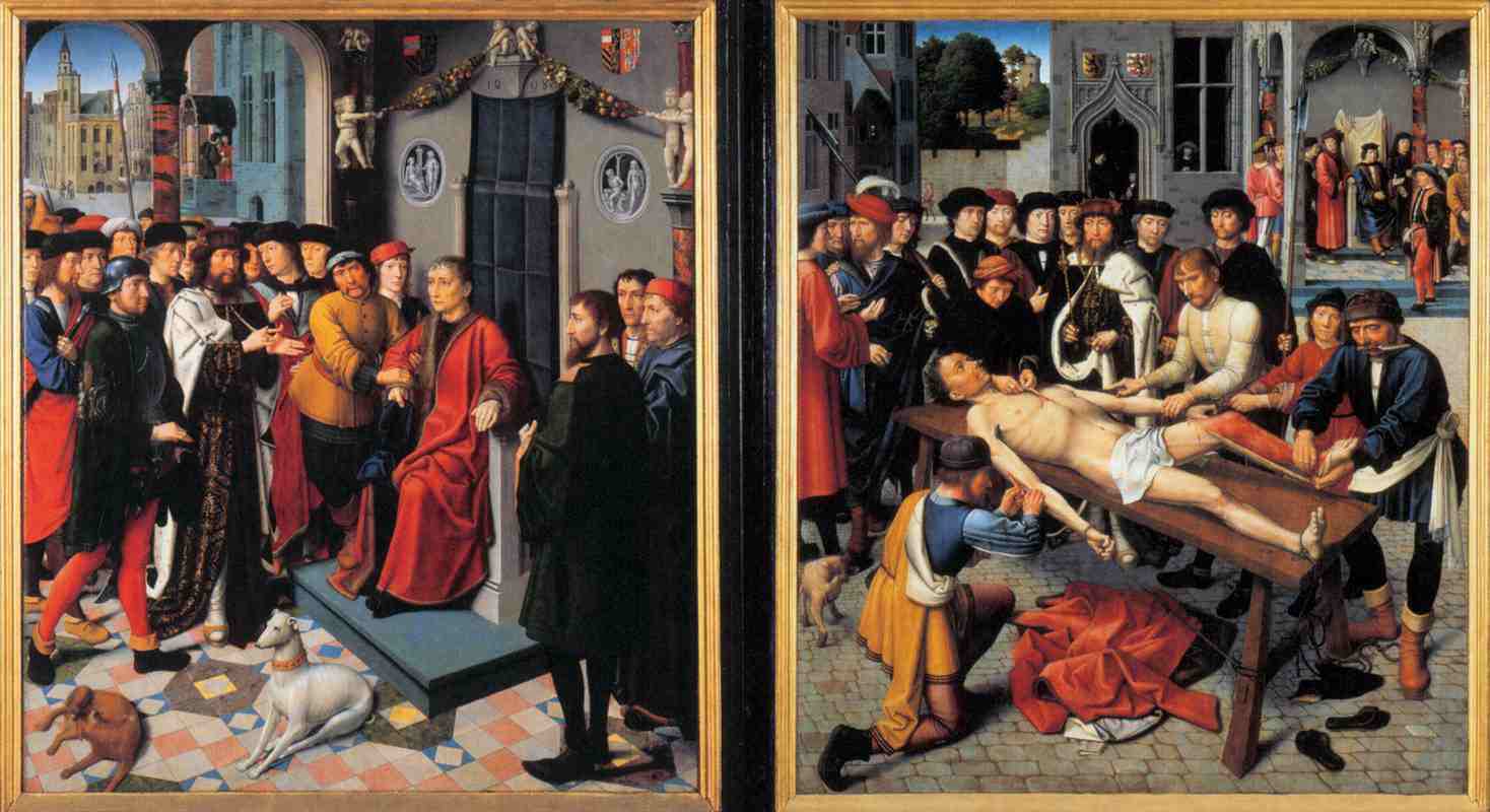 Pintura díptica con dos paneles que muestran escenas religiosas medievales: el panel izquierdo presenta a un obispo sentado con vestiduras rojas rodeado de figuras, el panel derecho representa una escena de martirio con una figura estirada sobre una mesa.