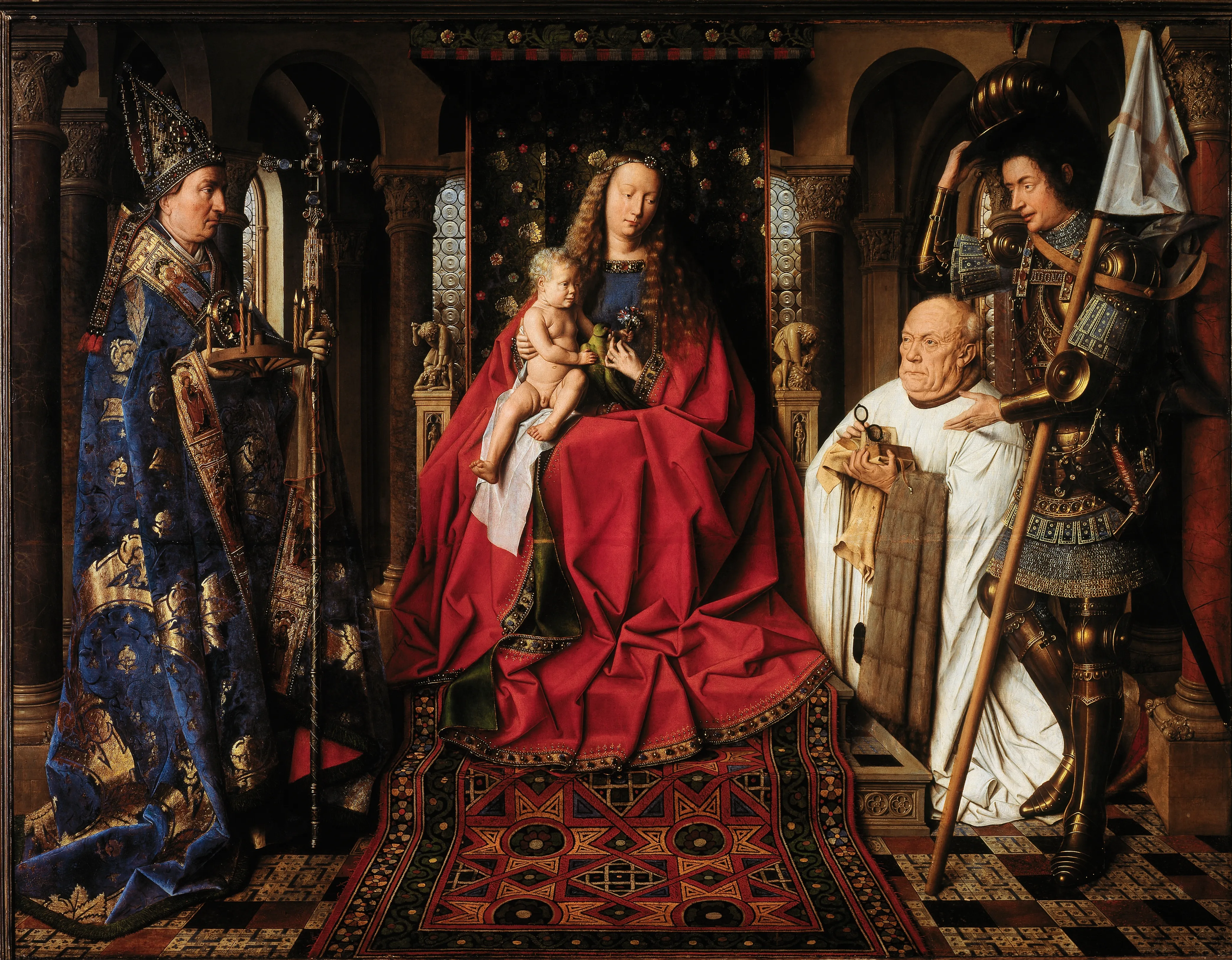 Óleo de la Virgen María con el Niño entronizados con túnica roja, flanqueados por un obispo con ornamentos azules portando un báculo y un caballero con armadura, junto a un canónigo arrodillado con vestiduras blancas.