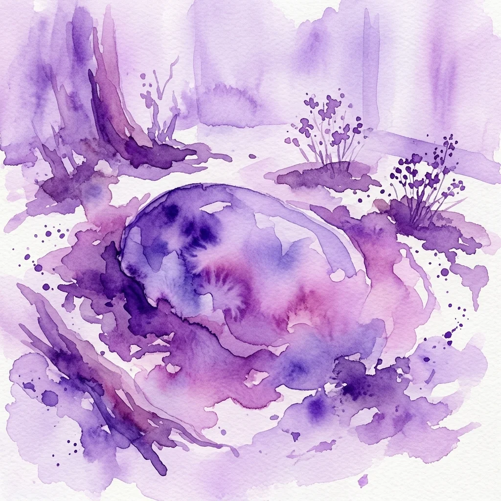 Abstract paars aquarel schilderij van een natuurlijk landschap met organische vormen die lijken op rotsen en planten, als reflectie op het aardsgerichte thema van de tentoonstelling Arts of the Earth.