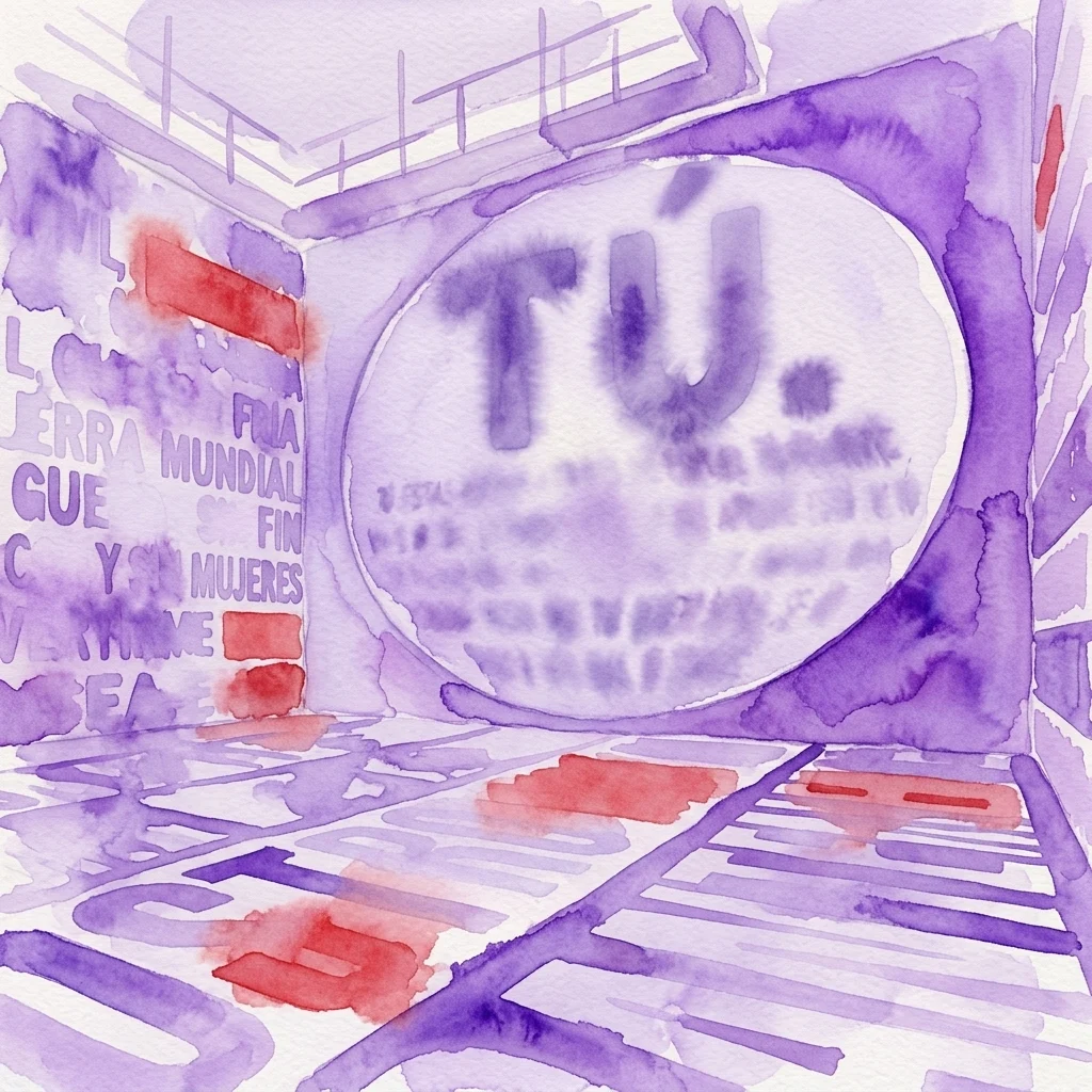 Boceto en acuarela de un espacio de galería que presenta la palabra "TÚ." en un óvalo grande y texto fragmentado en español en las paredes y el suelo en tonos morados y rojos.