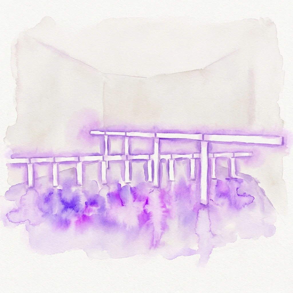 Watercolor painting of a traditional Japanese torii gate with white structural lines set against vibrant purple and lavender washes on textured paper.