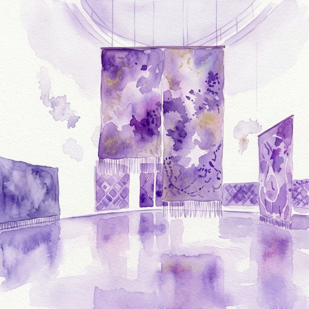 Aquarelillustratie van hangende geweven wandtapijten met paarse en gouden patronen in een lichte galerijruimte voor de tentoonstelling van Igshaan Adams in het Guggenheim Bilbao.