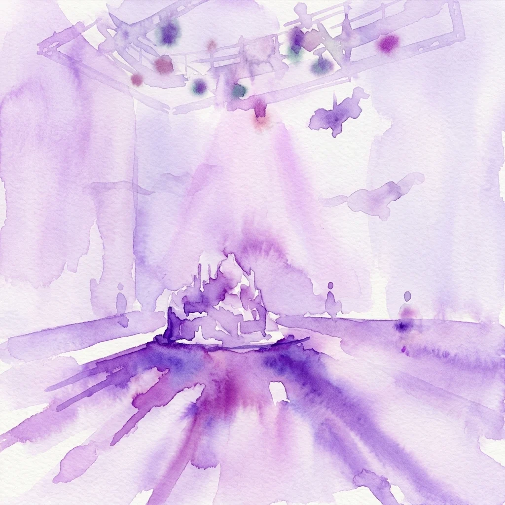 Een paarse aquarelillustratie die de sculpturale installatie van Mark Leckey in het Guggenheim Bilbao afbeeldt, met dramatische verlichting van bovenaf die lange schaduwen werpt.