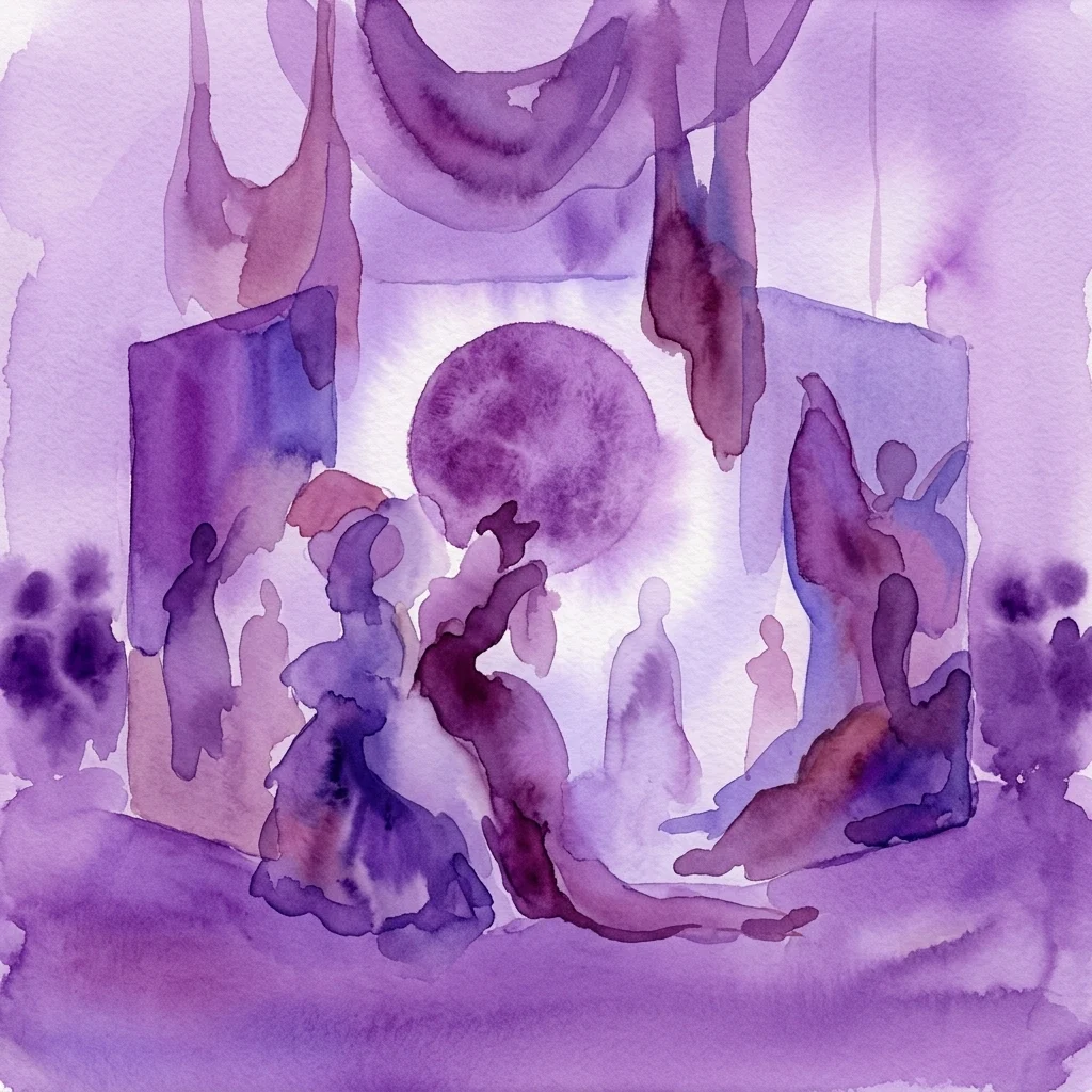 Illustratie in aquarel-stijl in paarstinten met silhouetfiguren en hangend textiel in een immersieve kunstinstallatie met een gloeiende bol.