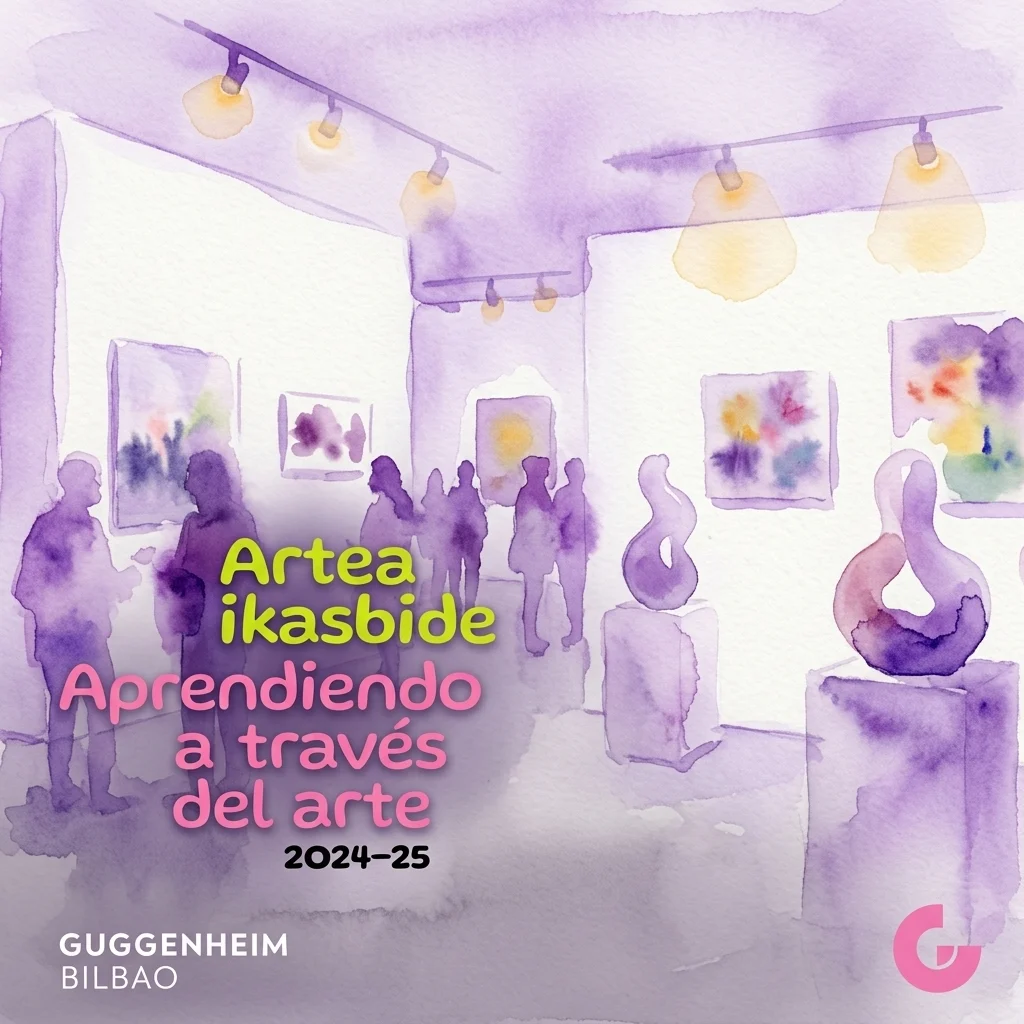 Aquarellillustratie van een galerie met bezoekers die kunst bekijken, met de tekst 'Artea ikasbide Aprendiendo a través del arte 2024-25 Guggenheim Bilbao' eroverheen.
