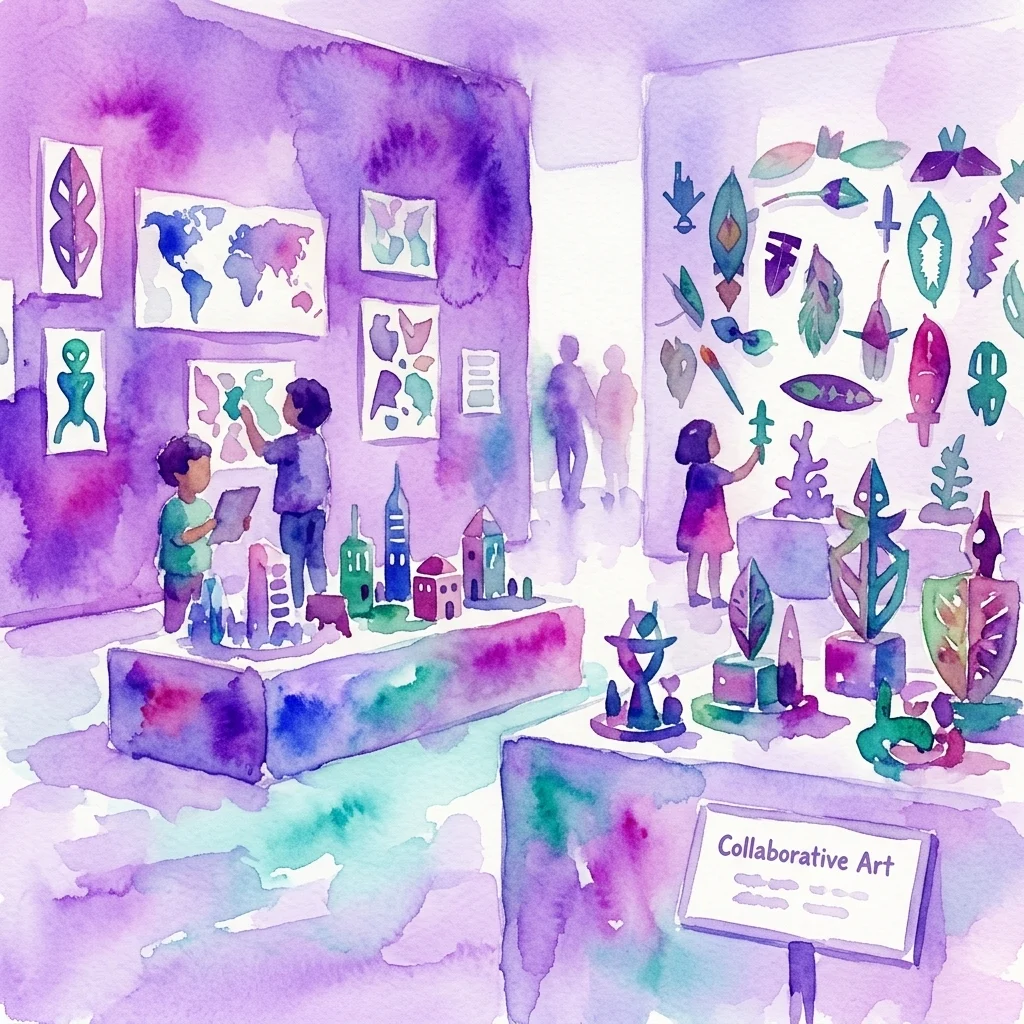 Aquarelillustratie van kinderen die een museumgalerie verkennen, gevuld met kleurrijke sculpturen, kaarten en gezamenlijke kunstwerken aan de muren.