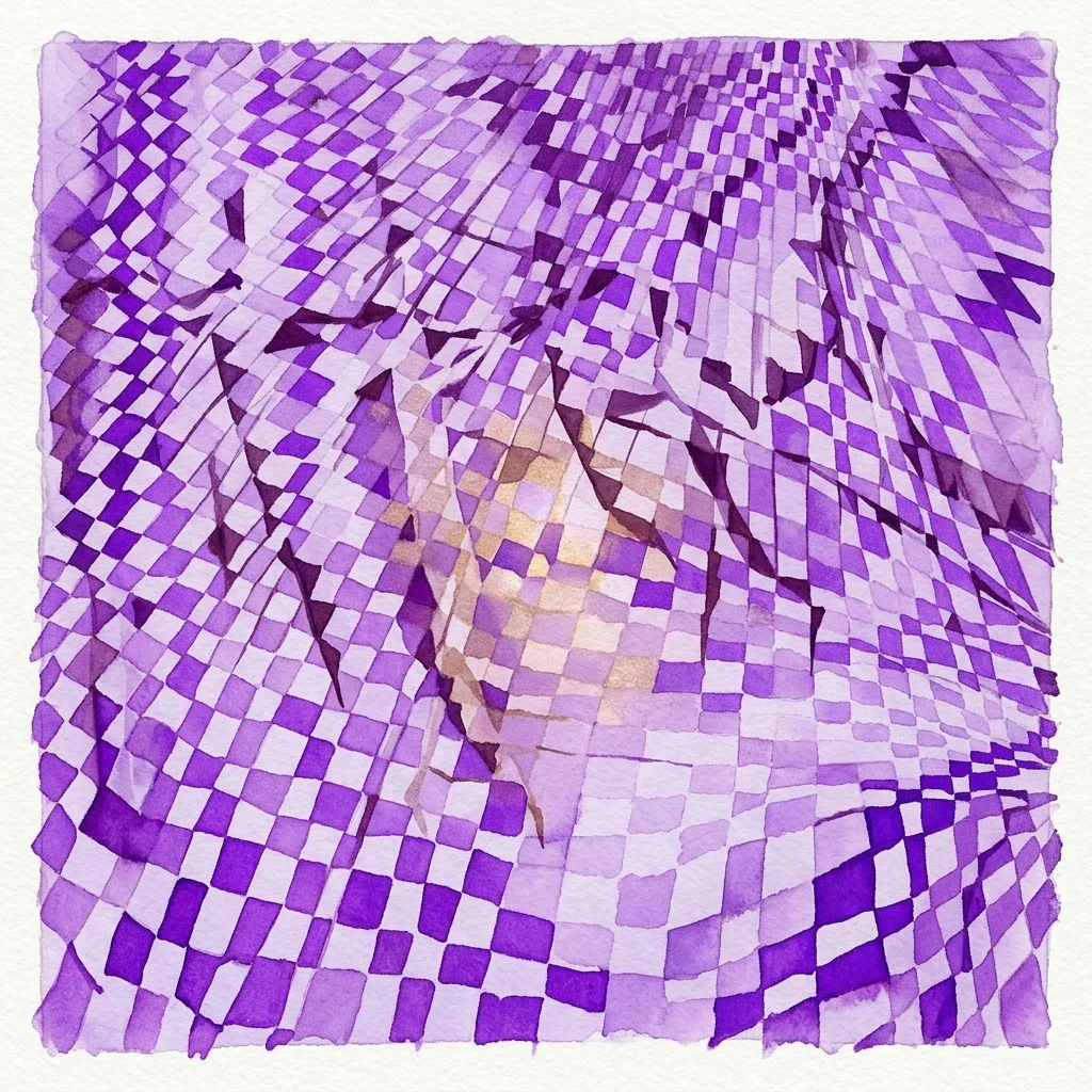 Abstract geometrisch schilderij met een paars-wit dambordpatroon en complexe, terugwijkende lijnen die zorgen voor oneindige, verschuivende perspectieven.