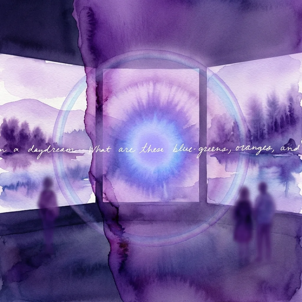 Artistieke weergave van Sky Hopinka's drie-kanaals video-installatie 'Fainting Spells', met paarse aquarellandschappen en silhouetten van toeschouwers.