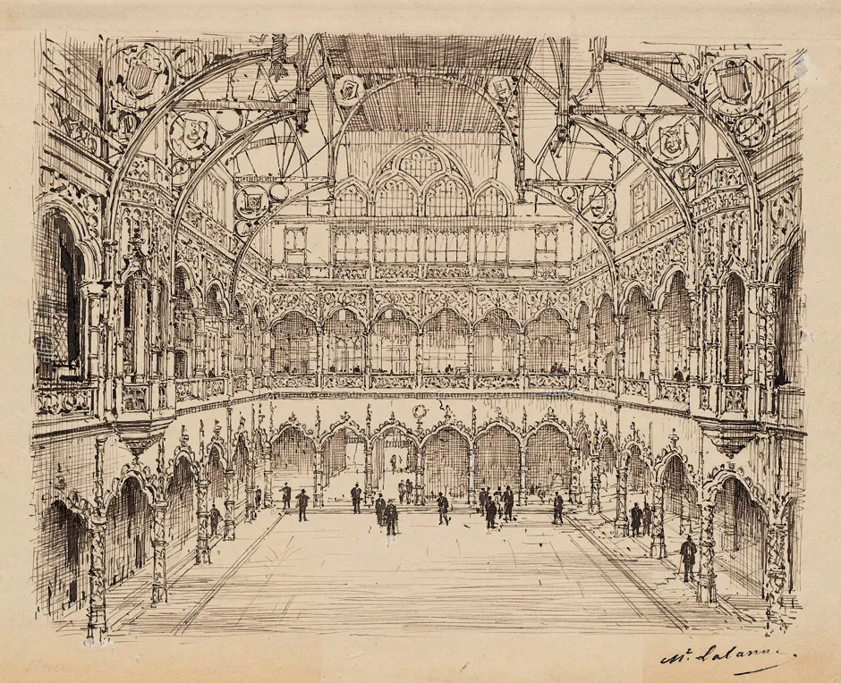 Grabado en blanco y negro del gran salón interior de la Bolsa de Comercio de Amberes que muestra techos abovedados, galerías arqueadas neogóticas ornamentadas en dos niveles y pequeñas figuras caminando por el suelo
