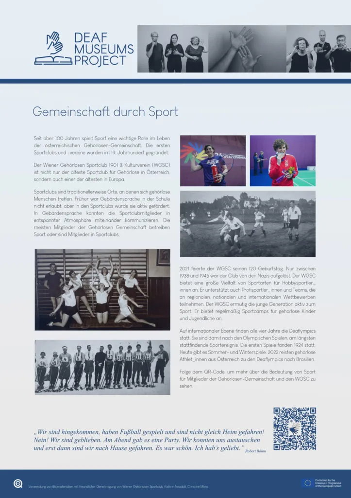 Una página de folleto con el logo del Deaf Museums Project, fotos históricas de atletas sordos y texto en alemán sobre el papel del deporte en las comunidades sordas.