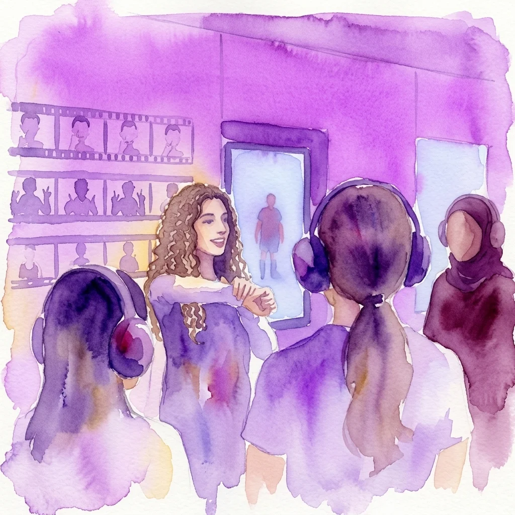 Una ilustración en acuarela de diversas personas interactuando con una exposición interactiva, que presenta elementos táctiles y visuales, lenguaje de señas y lenguaje corporal en un espacio moderno e inclusivo.