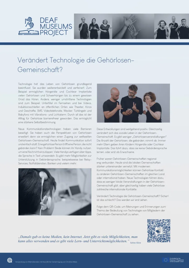 Een brochurepagina met tekst en afbeeldingen over een tentoonstelling over technologie en dove gemeenschappen, met afbeeldingen van mensen die gebarentaal gebruiken en het logo van het Deaf Museums Project.