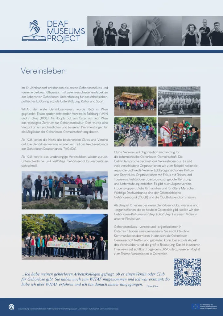 Brochurepagina voor het Deaf Museums Project met tekst, groepsfoto's en logo
