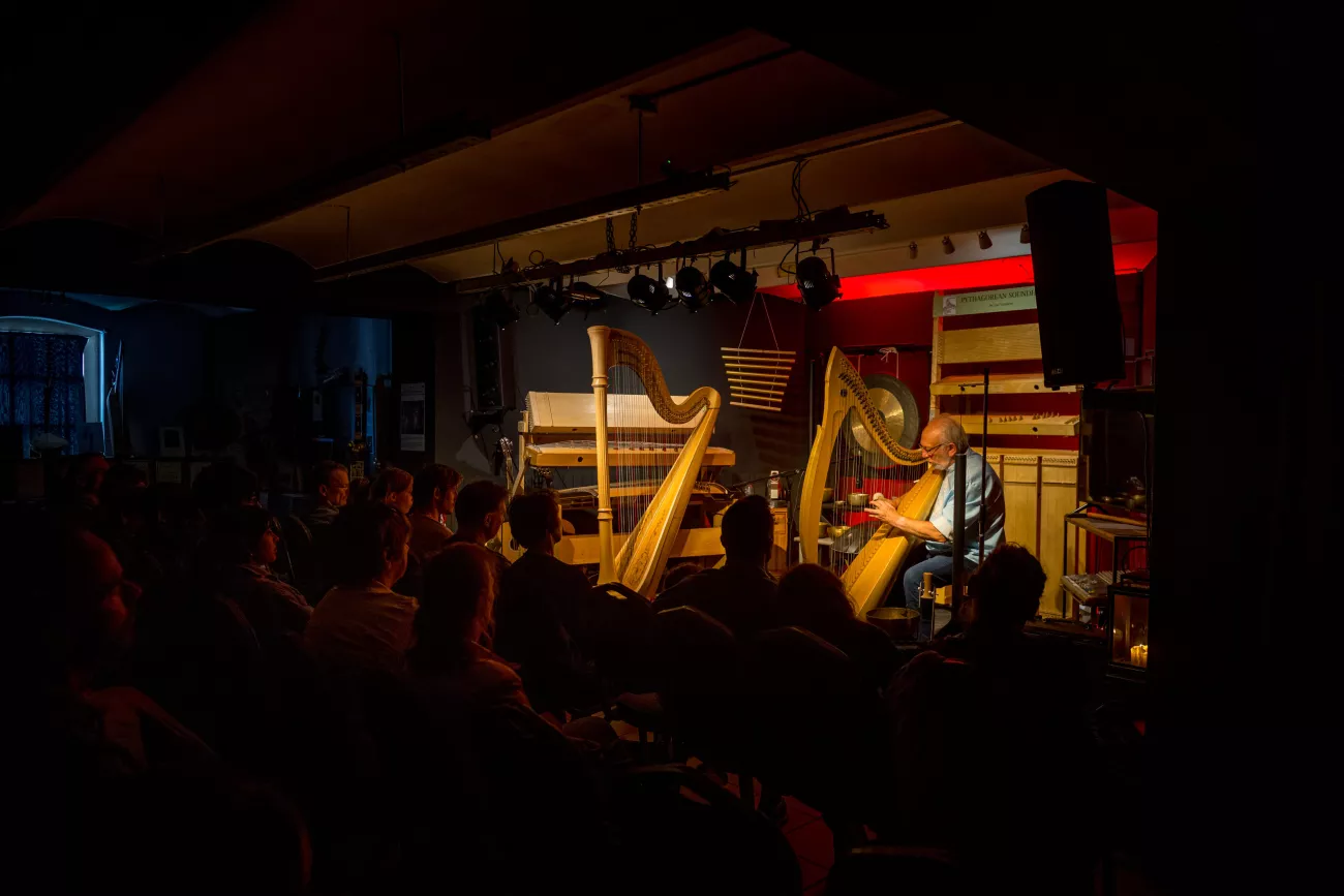 Un arpista actúa en un escenario tenuemente iluminado con dos arpas mientras el público, sentado, observa en la oscura sala de conciertos.