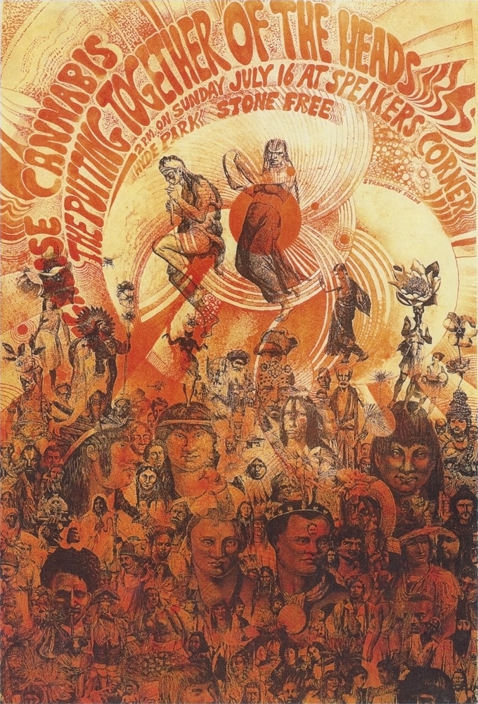 Psychedelic orange and yellow poster with 'Cannabis The Putting Together of the Heads' text, featuring crowded figures and faces.