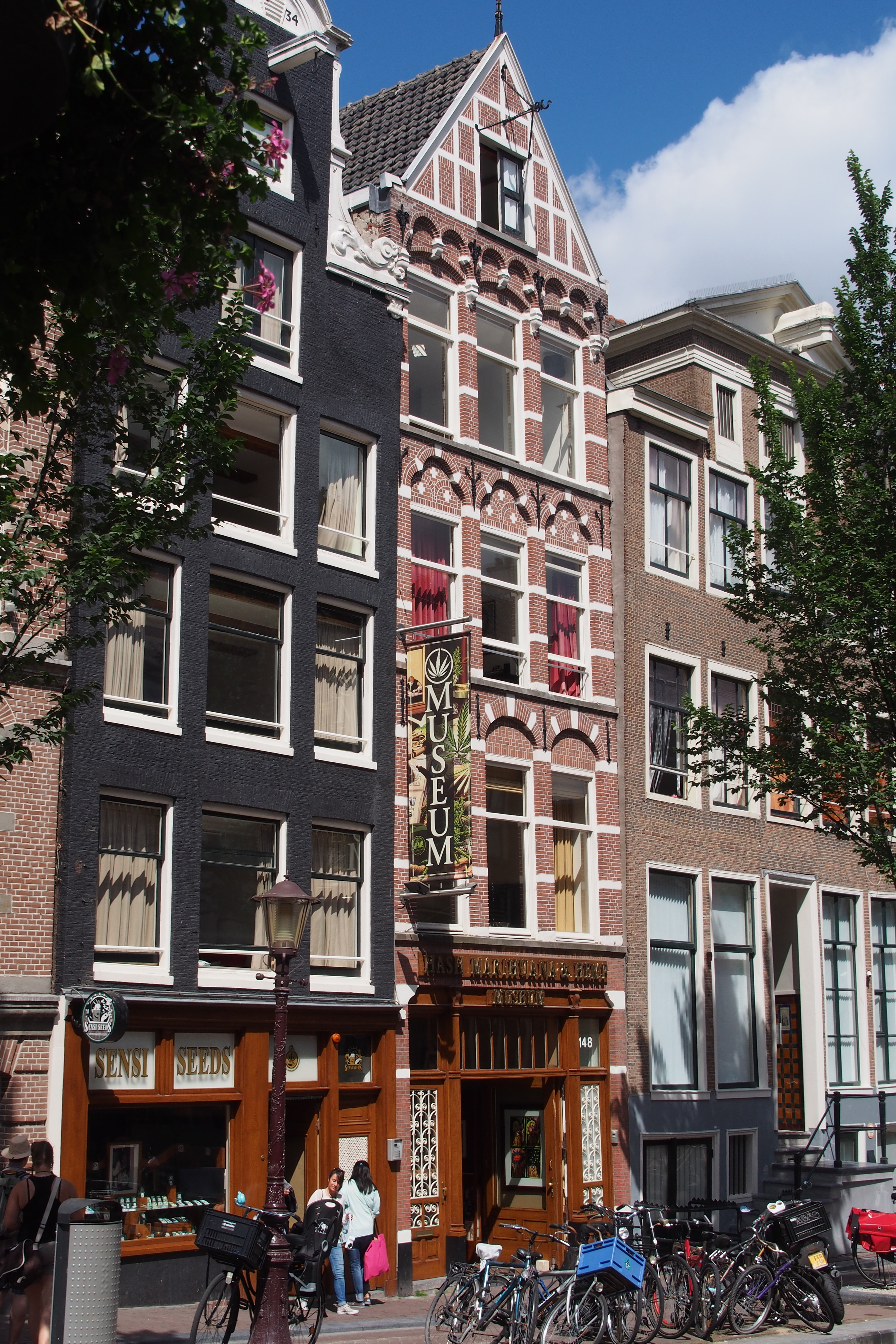 Exterior of the Hash Marihuana Hemp Museum with a vertical sign, traditional Dutch buildings, and bicycles parked on the street.