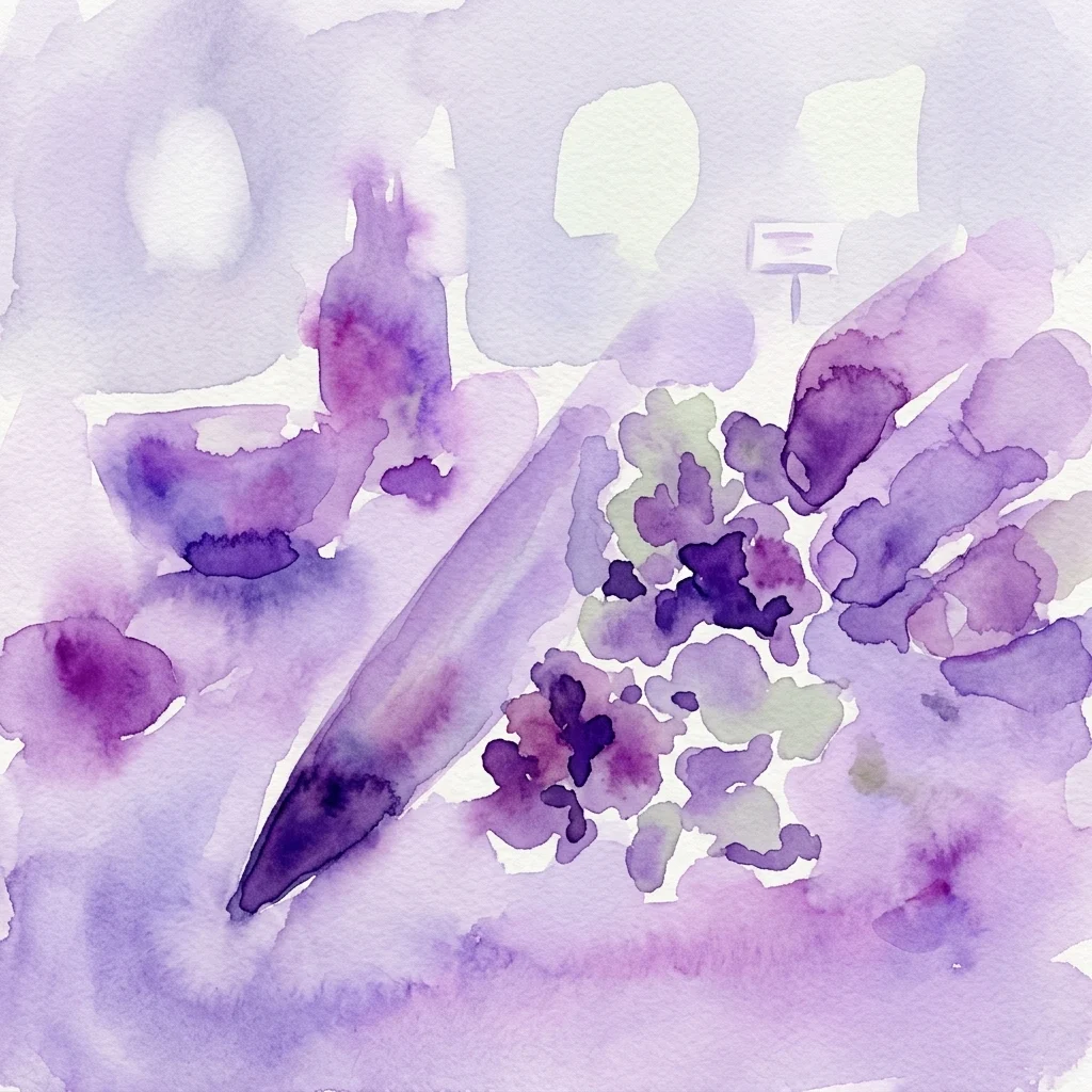 A watercolor illustration of a cannabis bud and leaf in purple and lavender hues, representing the Cannabis Cuisine exhibition at the Hashmuseum.