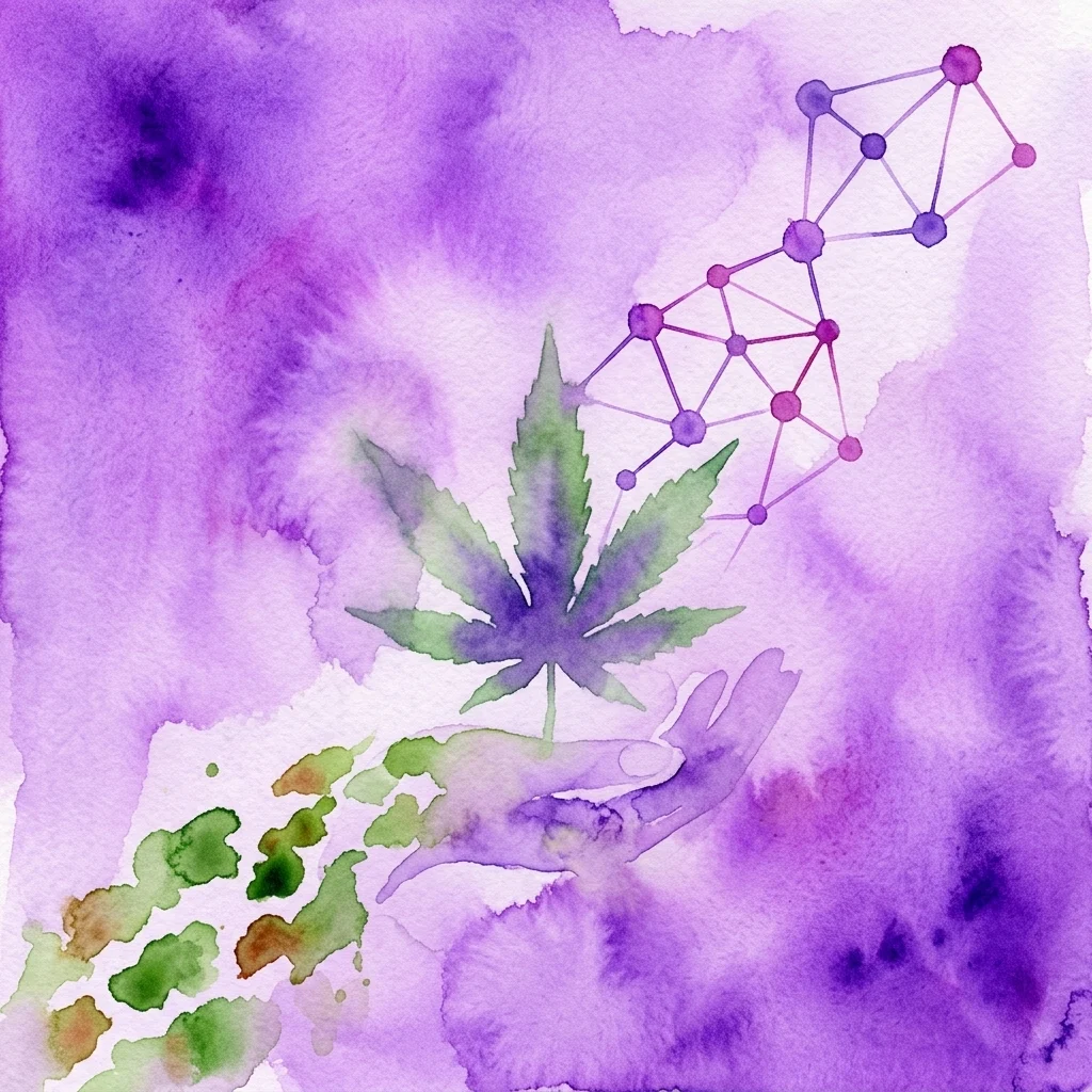 A watercolor illustration of a cannabis leaf held in a hand, with a molecular structure above and green splatters below, set against a purple background, representing the scientific and historical evolution of cannabis breeding.