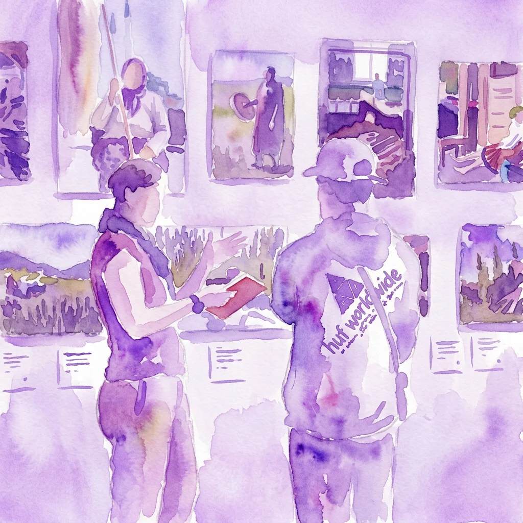 Watercolor illustration of two people viewing art in a gallery, with framed artworks on the walls and a purple color palette.