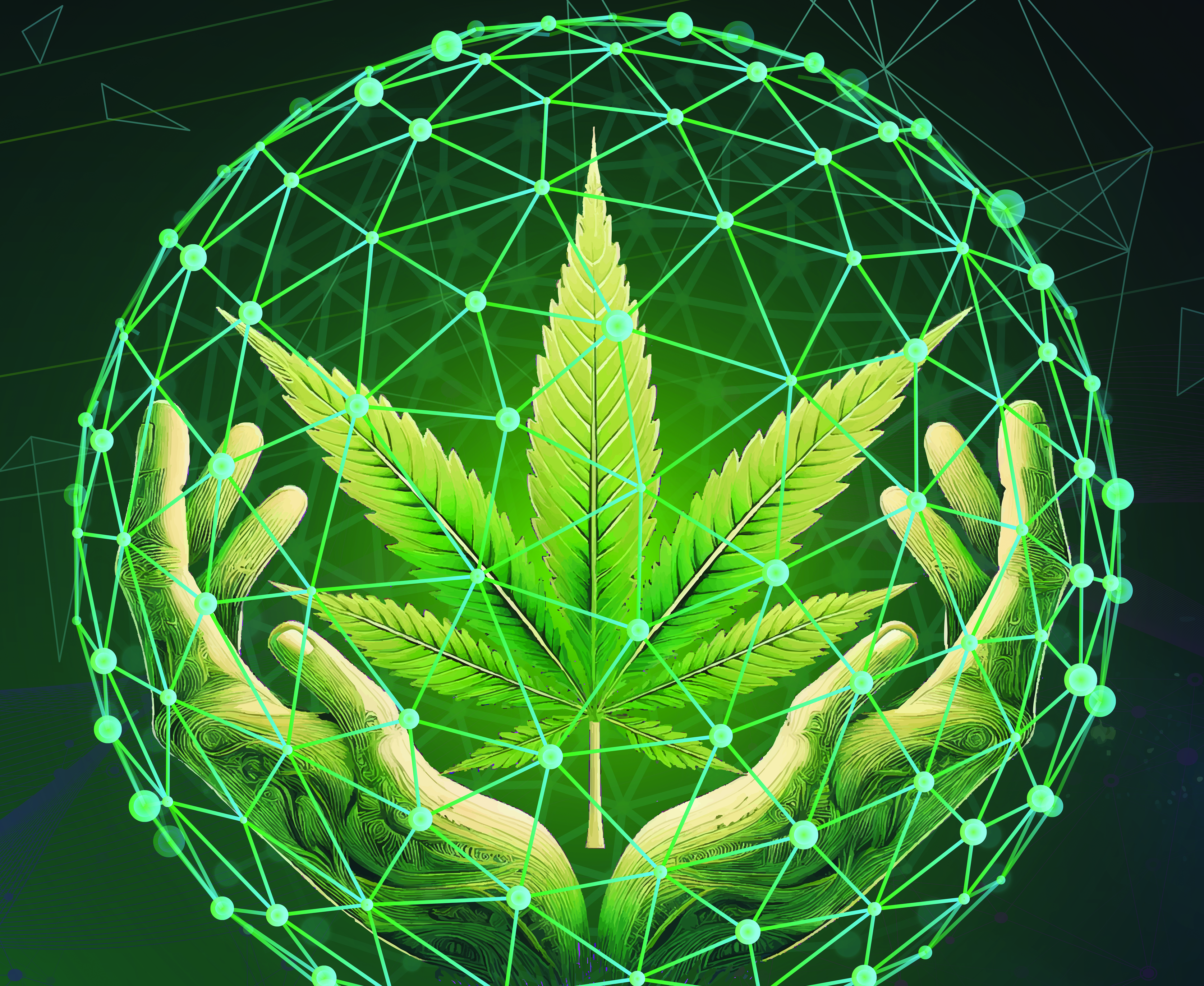 Green cannabis leaf centered in a glowing geometric sphere with cupping hands against a dark background