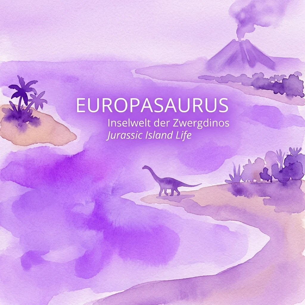 Akwarelowa ilustracja jurajskiego krajobrazu wyspy z małym dinozaurem Europasaurus, palmami i wulkanem, zatytułowana Europasaurus Jurassic Island Life.