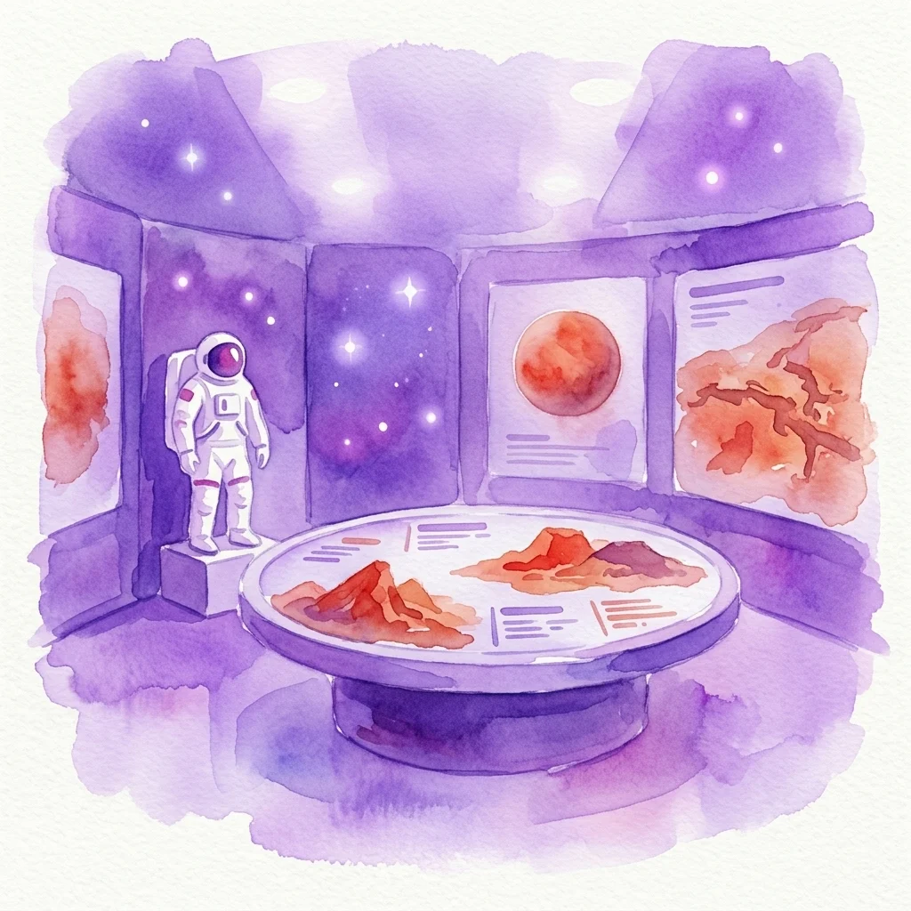 Akwarelowa ilustracja wnętrza marsjańskiej stacji badawczej, przedstawiająca skafander astronauty, wyświetlacze planet oraz centralny stół z modelami czerwonego krajobrazu.