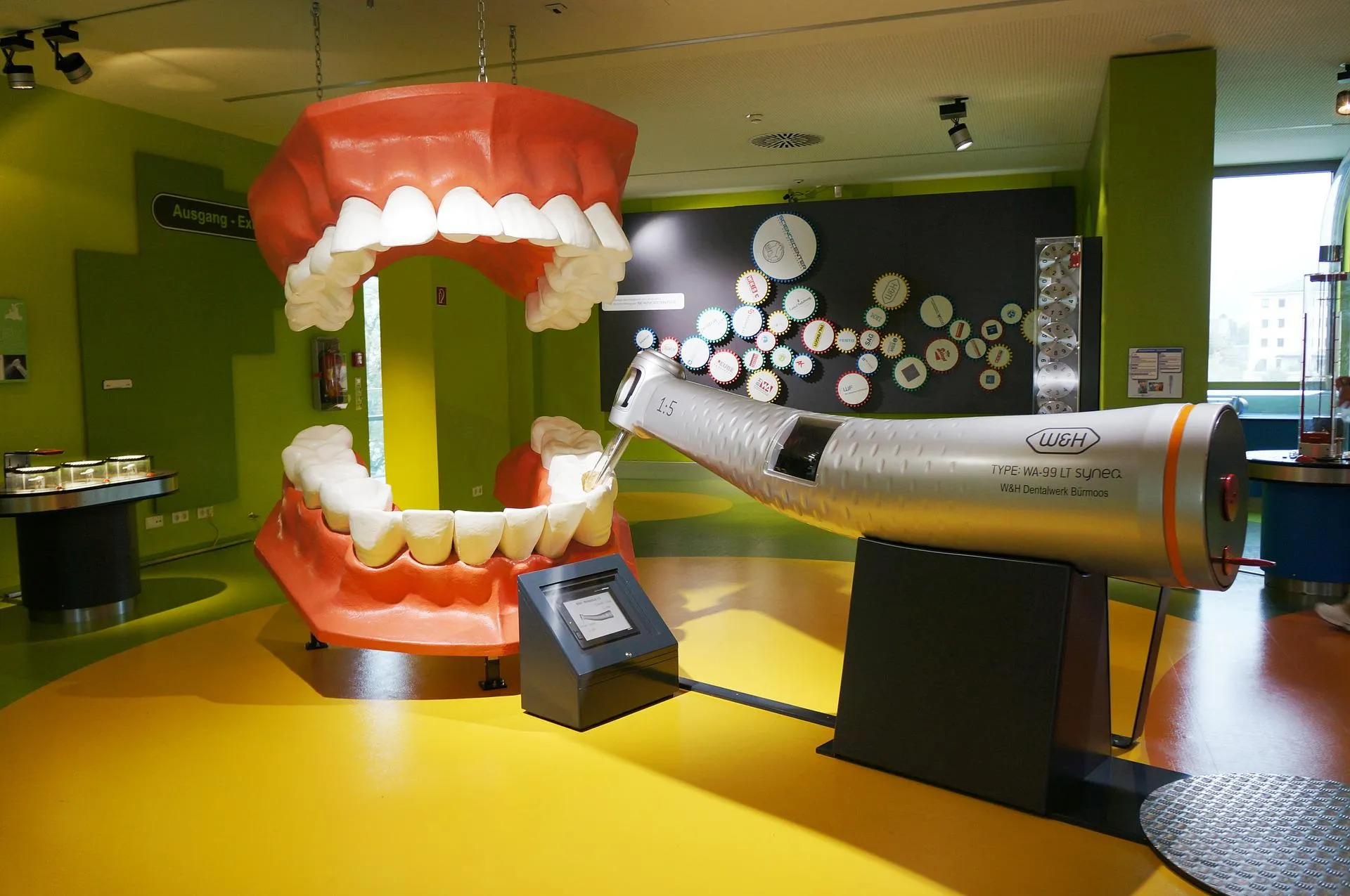 Modelo grande de una boca abierta con dientes y un cepillo de dientes gigante expuesto en una sala de museo con paredes verdes y suelo amarillo