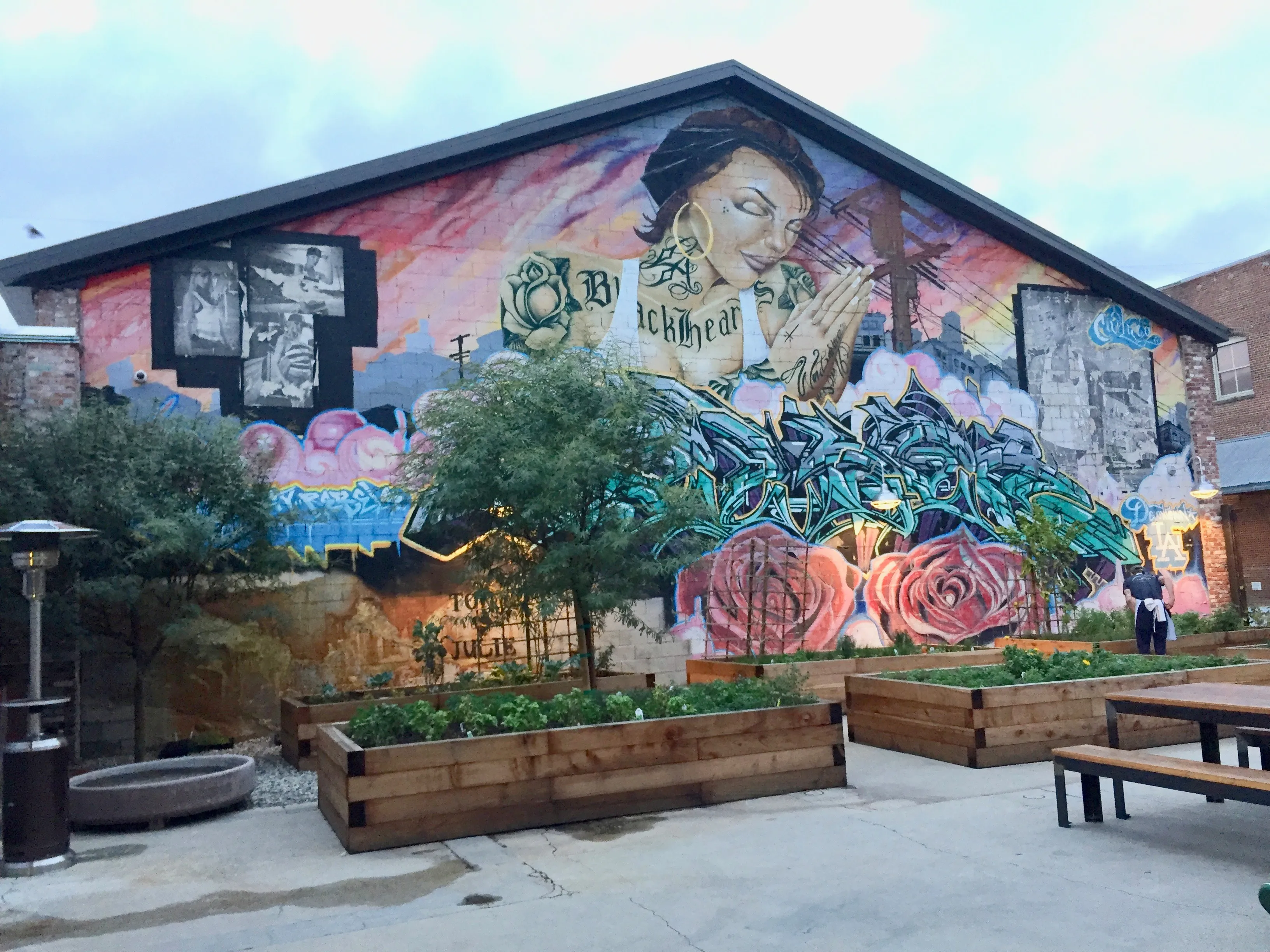 Exterior del edificio con un gran mural colorido que muestra el retrato de una mujer y rosas, jardineras de madera con vegetación y una zona de asientos al aire libre
