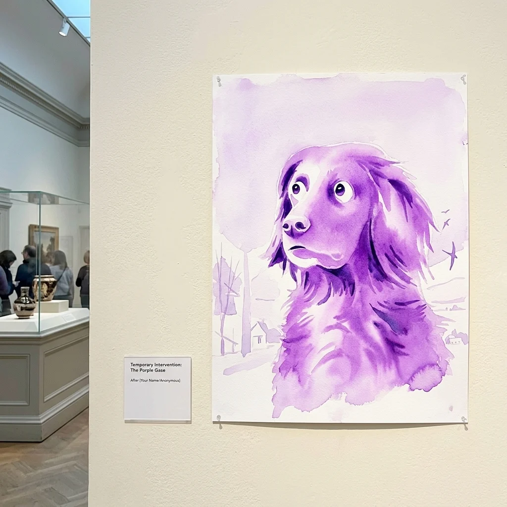 Un retrato en acuarela de un perro en tonos púrpuras, parte de la serie 'Hundert' de Alois Mosbacher, expuesto como una intervención temporal en la Heidi Horten Collection.