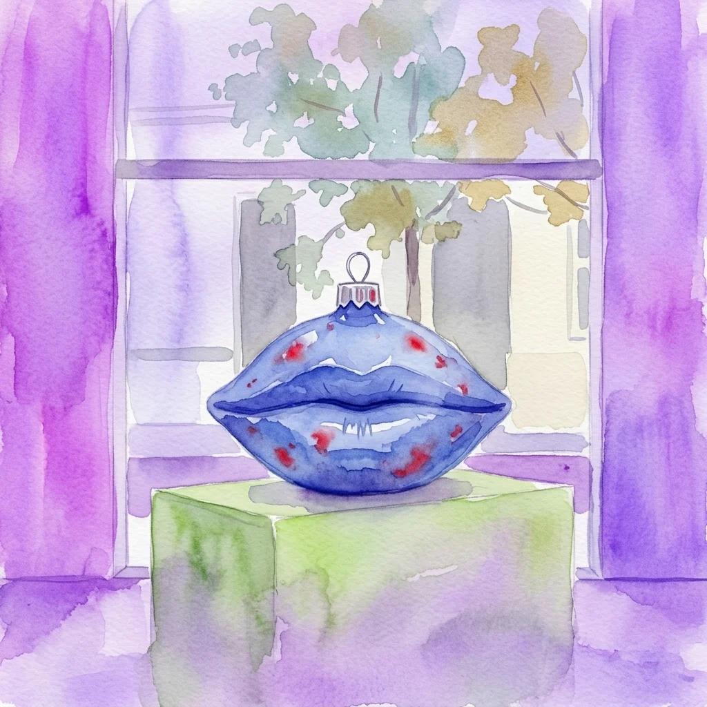 Una ilustración en acuarela de un adorno navideño azul con forma de labios, que presenta detalles rojos, expuesto sobre un pedestal verde en un entorno de galería con tonalidades púrpuras y verdes.