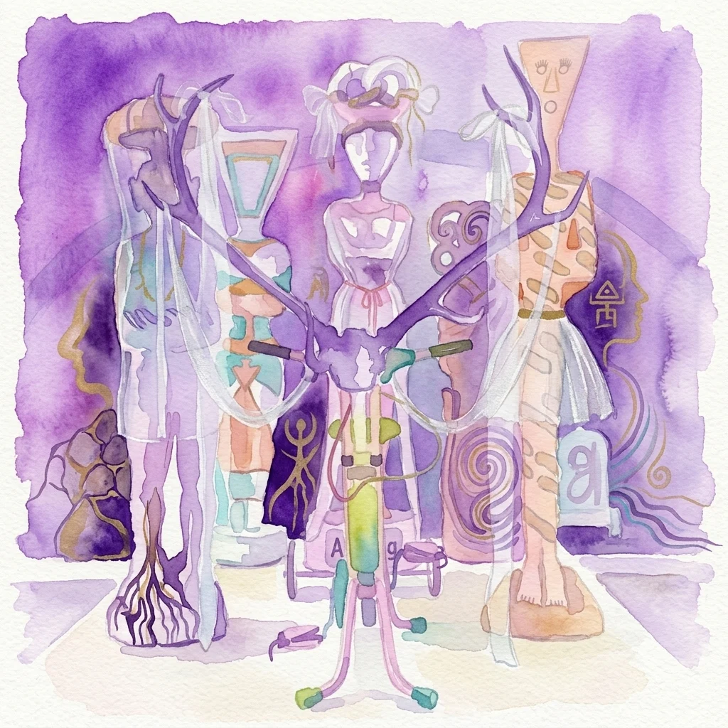 Una acuarela de Elisabeth von Samsonow con figuras abstractas con astas, motivos terrosos y patrones simbólicos en tonos púrpuras y pastel, que reflejan temas de la naturaleza y la historia cultural.