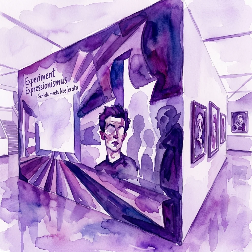 Una ilustración en acuarela de un espacio de exposición que presenta el autorretrato de Egon Schiele e imágenes de la película Nosferatu, destacando el tema del Expresionismo.