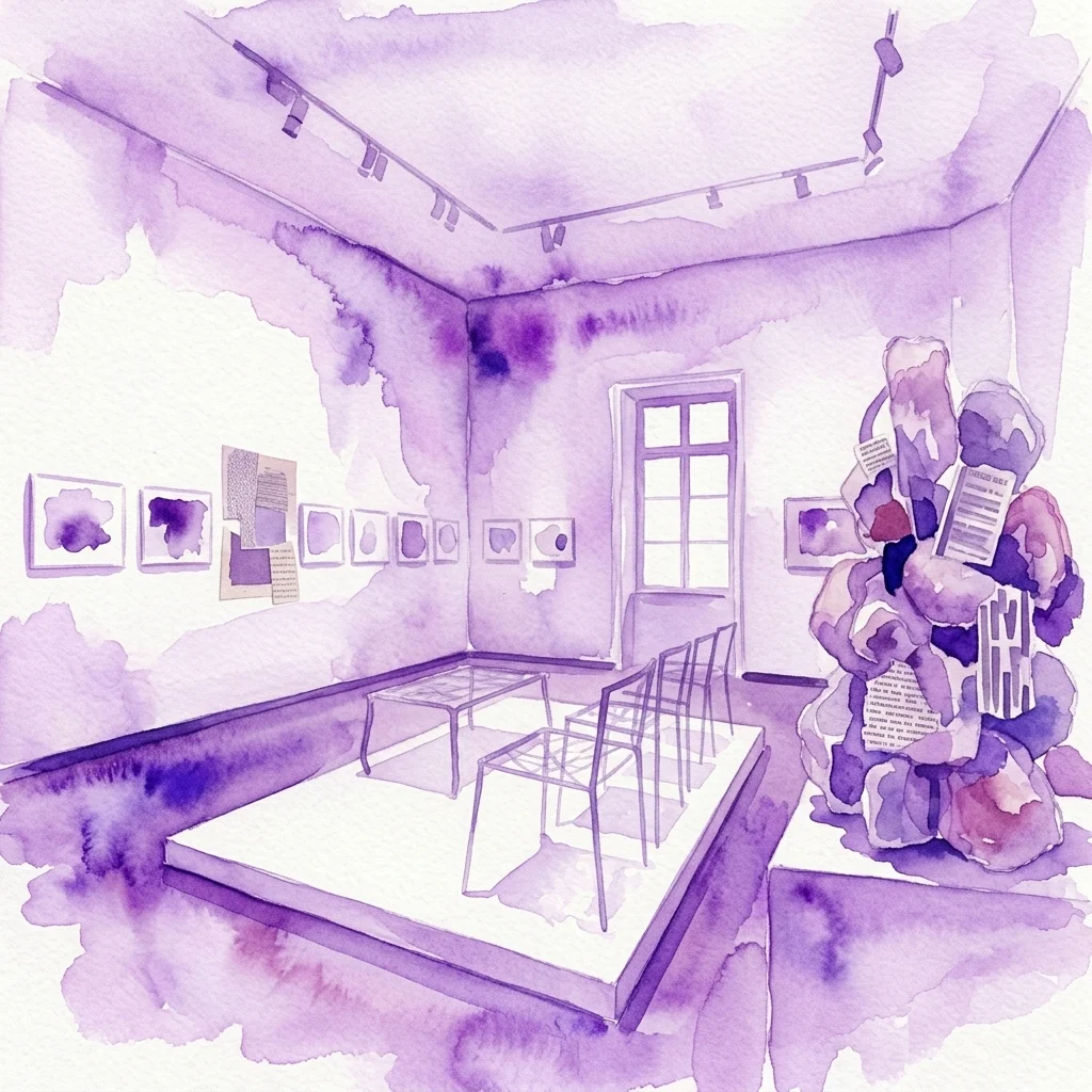 Una ilustración en acuarela de una exposición en una galería de arte que presenta la instalación escultórica de Franz West con formas amorfas y elementos de collage, expuesta junto a obras de arte enmarcadas en las paredes.