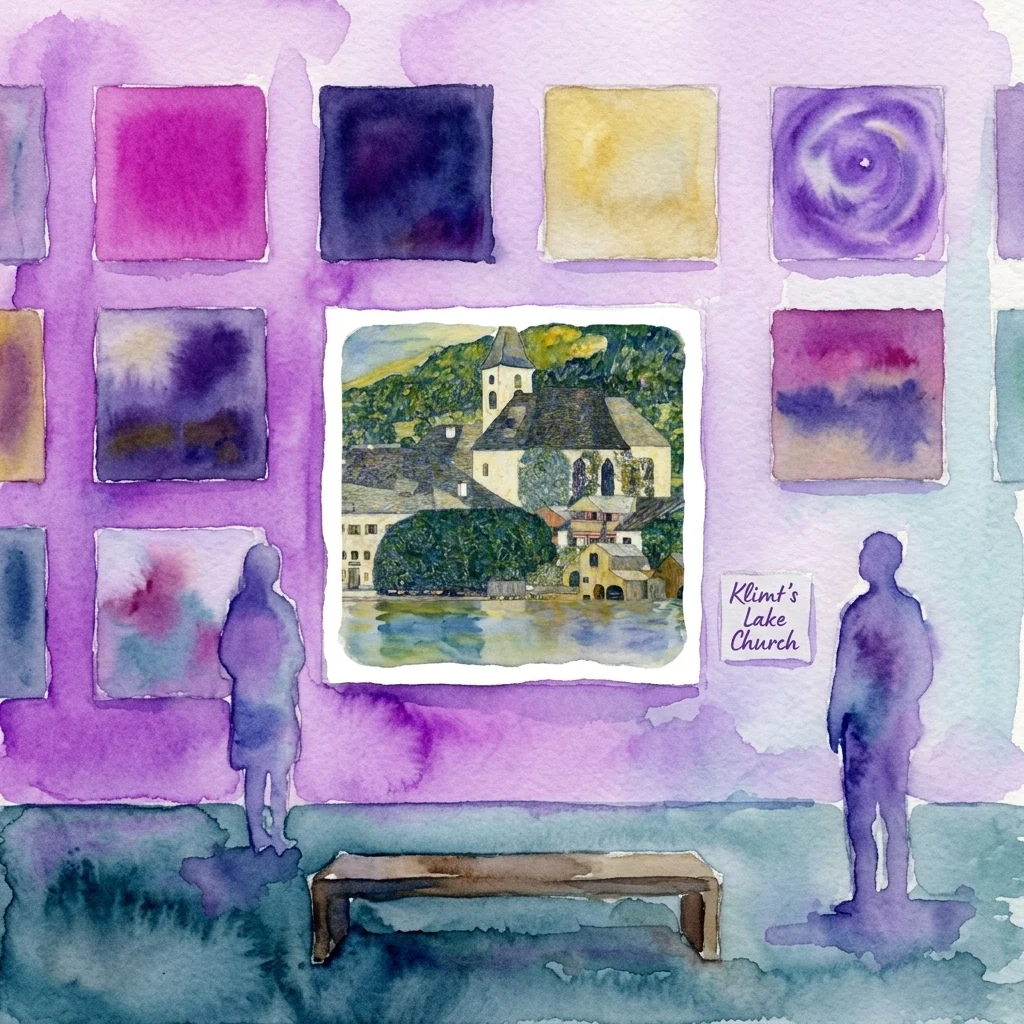 Una ilustración en acuarela de una galería de arte que presenta 'Iglesia en Unterach en el lago Attersee' de Gustav Klimt como pieza central, rodeada de obras de arte contemporáneas en formato cuadrado y dos espectadores silueteados.