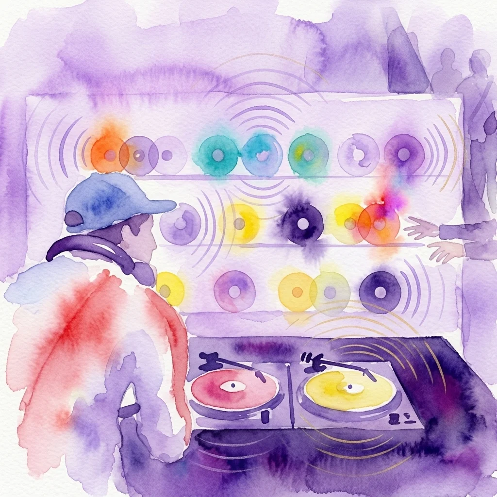 Una ilustración en acuarela de un DJ en unas tornamesas con coloridas instalaciones de luces y ondas sonoras, representando la exposición de arte 'Light Sound Senses' que explora la percepción sensorial.