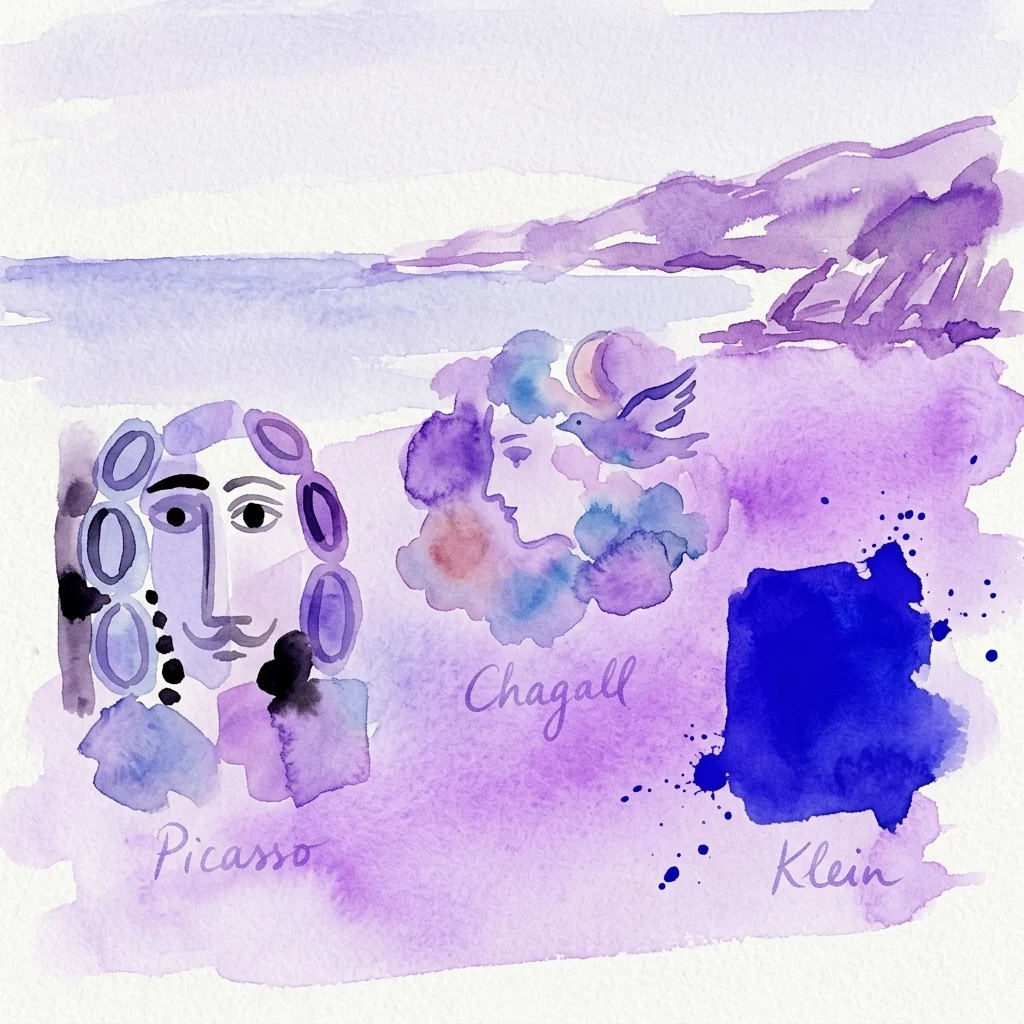 Una obra de arte en acuarela que presenta retratos estilizados y formas abstractas que representan a Picasso, Chagall y Klein, en un paisaje costero de tono púrpura, evocando el diálogo artístico de la Riviera Francesa.