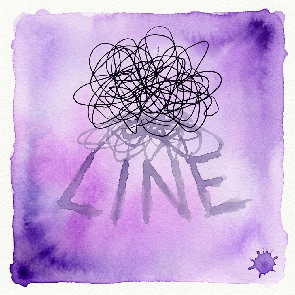 Una obra de arte en acuarela con un fondo morado que presenta un garabato negro caótico sobre la palabra 'LINE' en sombra, representando la exposición 'The Line' en Horten Collection.