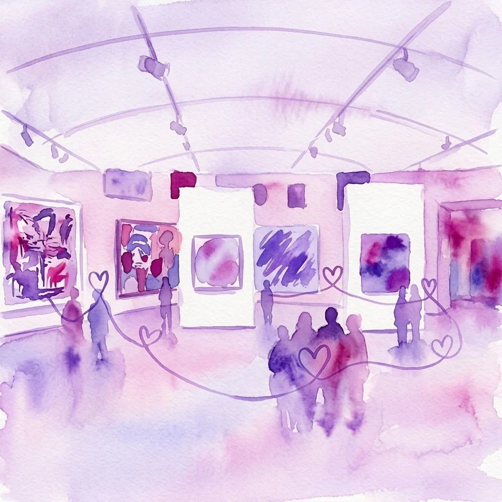 Ilustración en acuarela de una galería de arte con visitantes observando pinturas de expresionismo abstracto, conectadas por líneas en forma de corazón que simbolizan el tema 'WE❤' de la exposición de la Heidi Horten Collection.